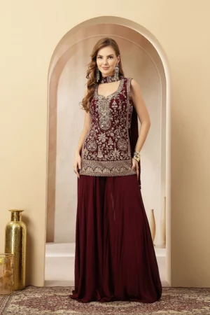 Maroon velvet embroidered sleeveless kurta with georgette palazzo pants from Golden Muslin By Soniya G