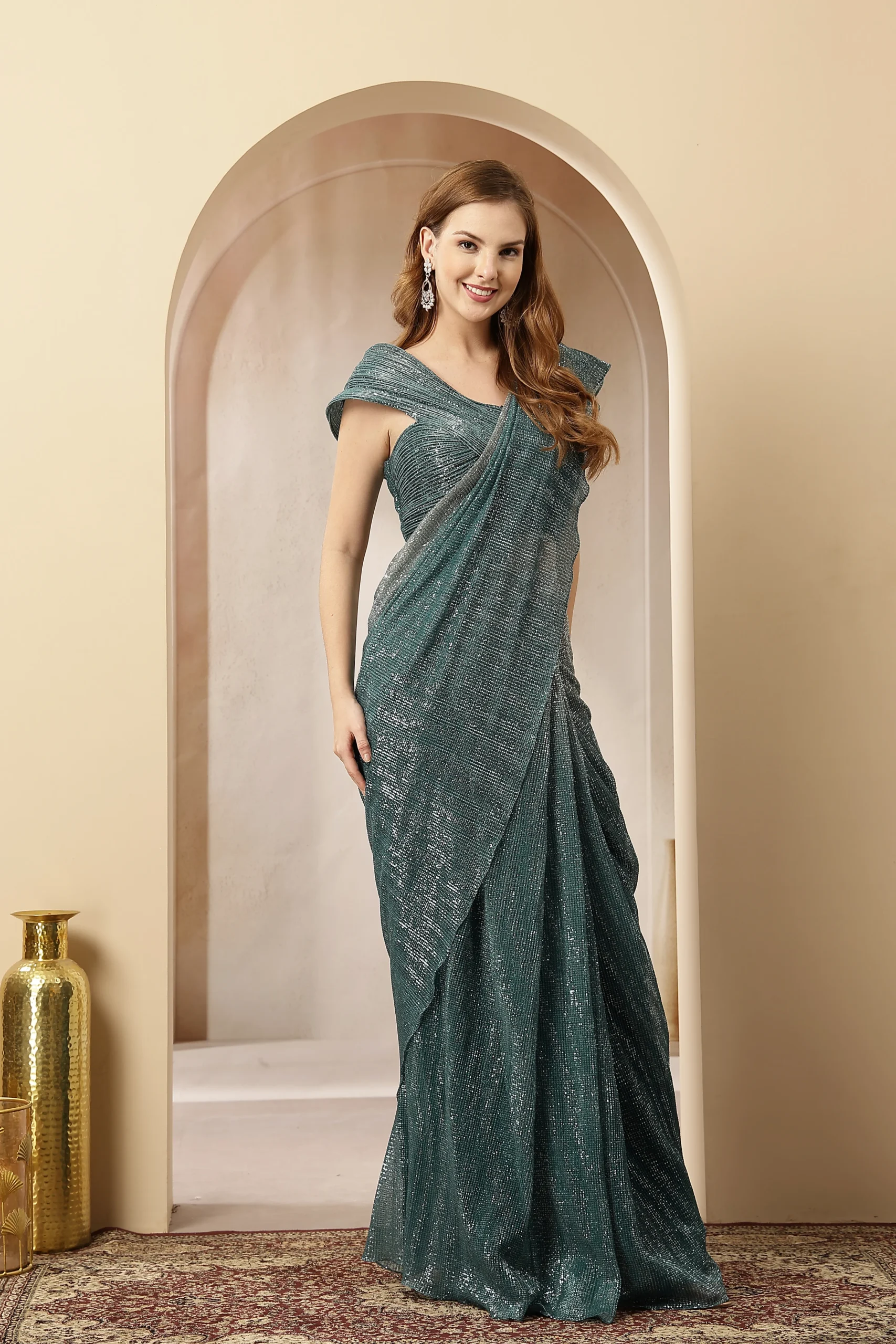 Teal shimmer georgette saree gown from Golden Muslin By Soniya G