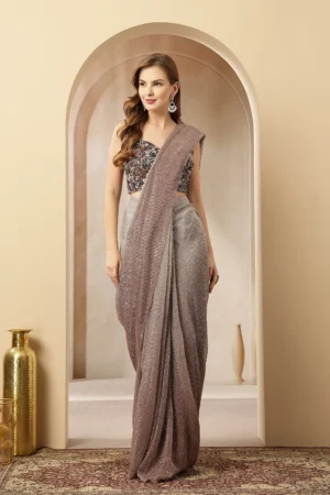 Mauve shimmer georgette saree with embellished blouse from Golden Muslin By Soniya G