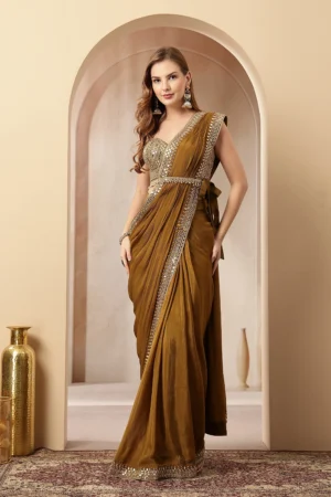 Mustard gold pre draped satin saree with embellished blouse from Golden Muslin By Soniya G