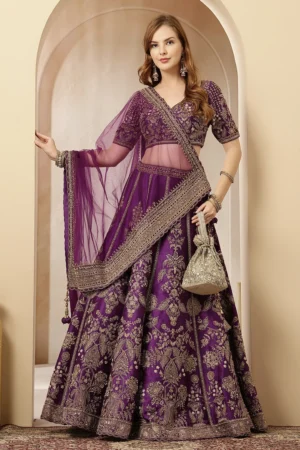 Purple zari embroidered lehenga set from Golden Muslin By Soniya G