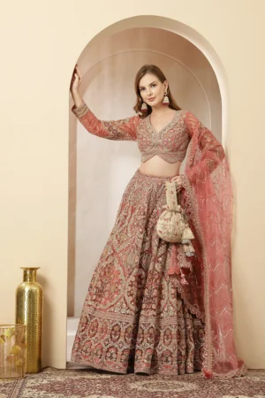 Gulnaar Ehsas rose gold embroidered lehenga from Golden Muslin By Soniya G