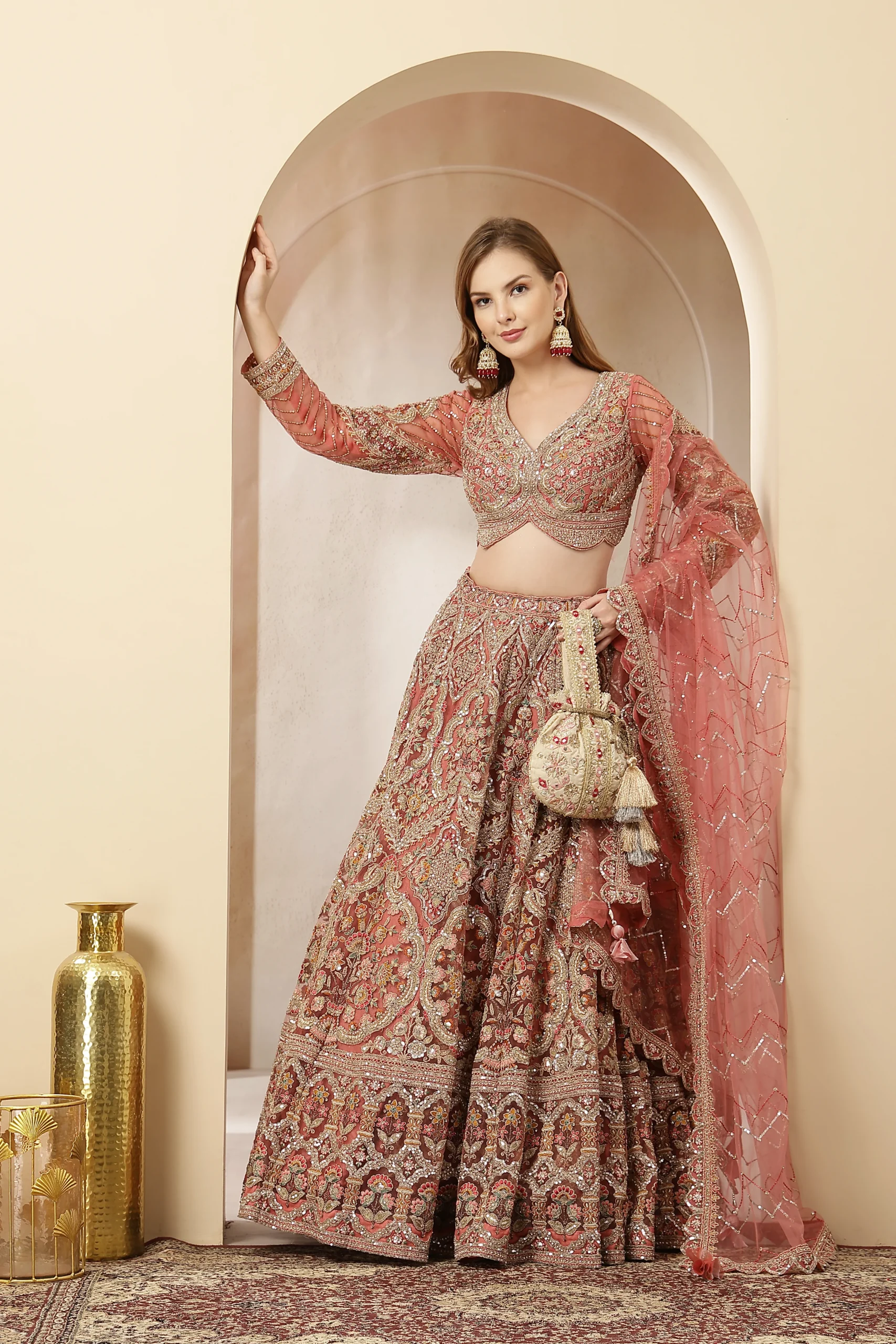 Gulnaar Ehsas rose gold embroidered lehenga from Golden Muslin By Soniya G
