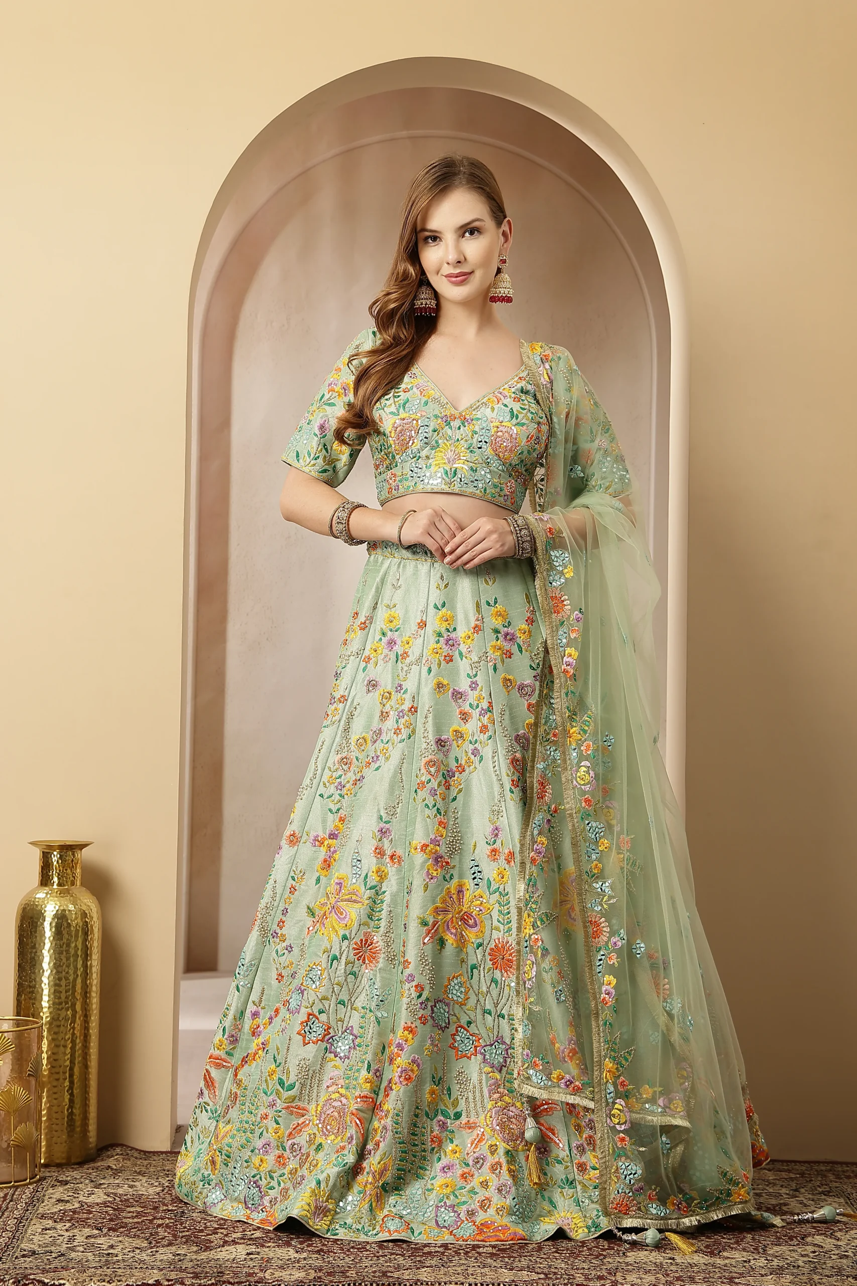 Mint embroidered lehenga with V-neck blouse from Golden Muslin By Soniya G