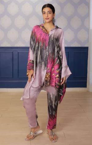 Lilac sunflower print satin kurta set with straight pants from Golden Muslin By Soniya G