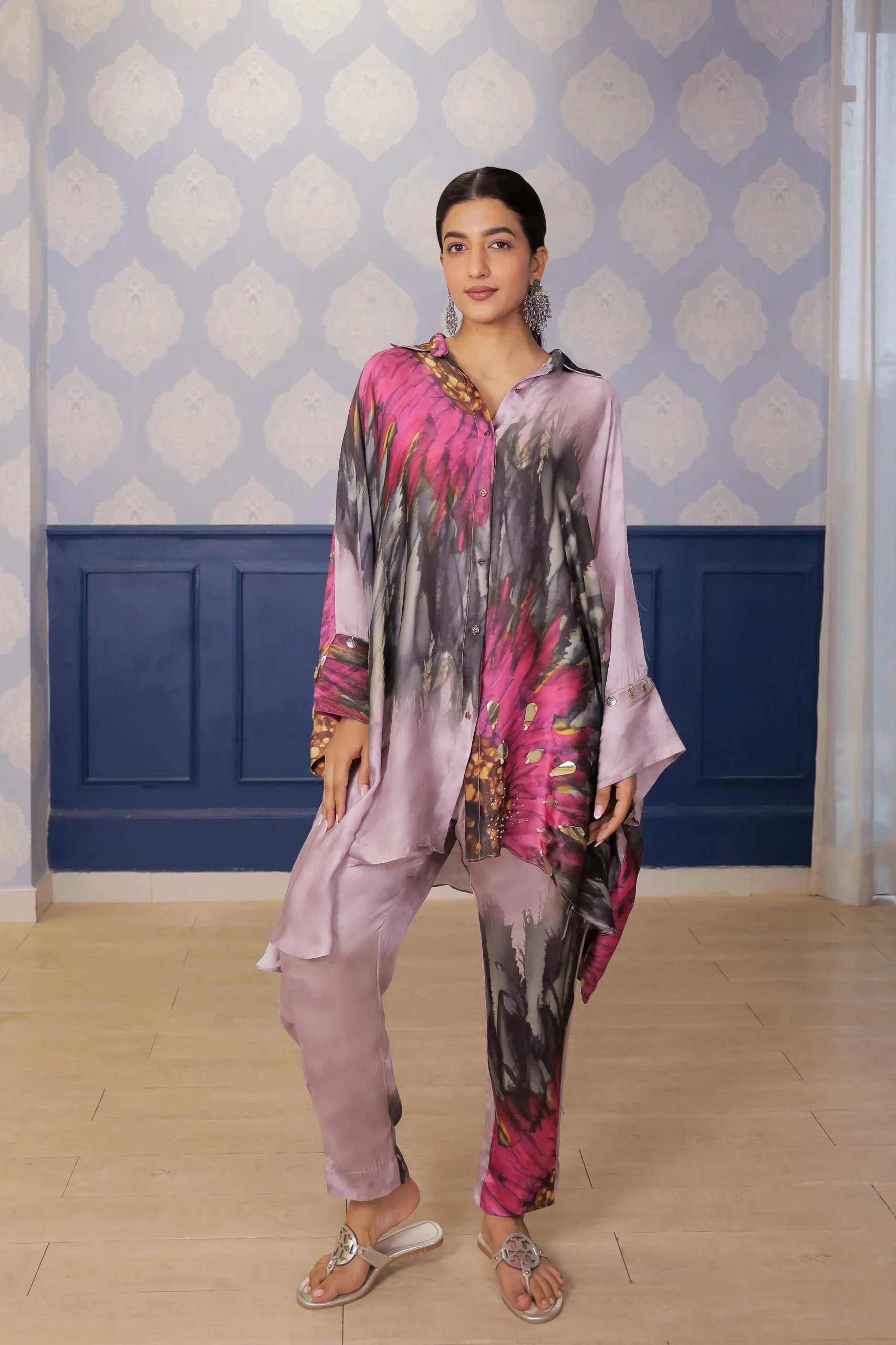 Lilac sunflower print satin kurta set with straight pants from Golden Muslin By Soniya G