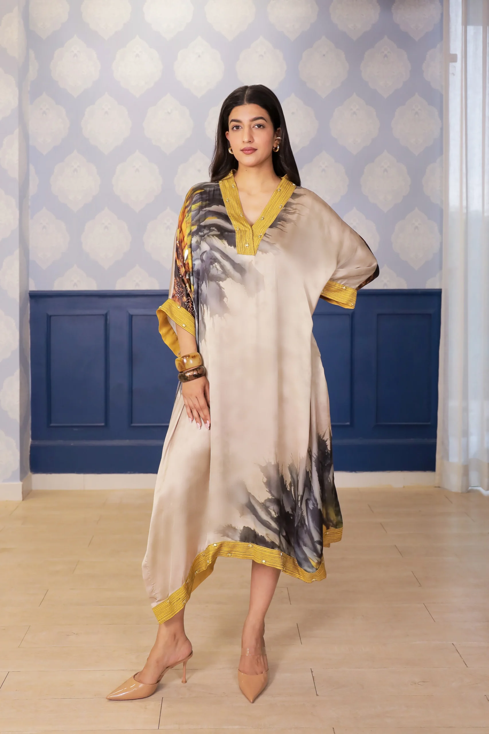 Asymmetric beige printed satin dress with yellow accents from Golden Muslin By Soniya G
