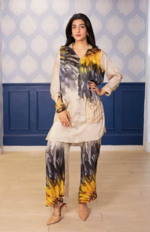 Beige sunflower print satin kurta set with Peter Pan collar from Golden Muslin By Soniya G