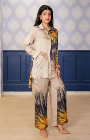 Beige sunflower print satin co-ord set with straight pants from Golden Muslin By Soniya G