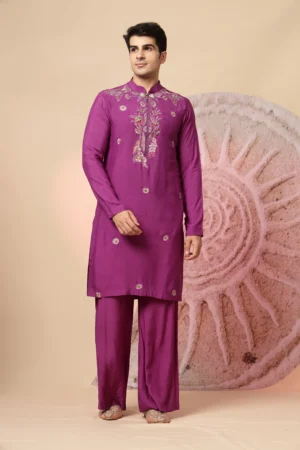 Purple Straight Cut Kurta Set with Mirror Work from Golden Muslin By Soniya G featuring mandarin collar and subtle festive detailing