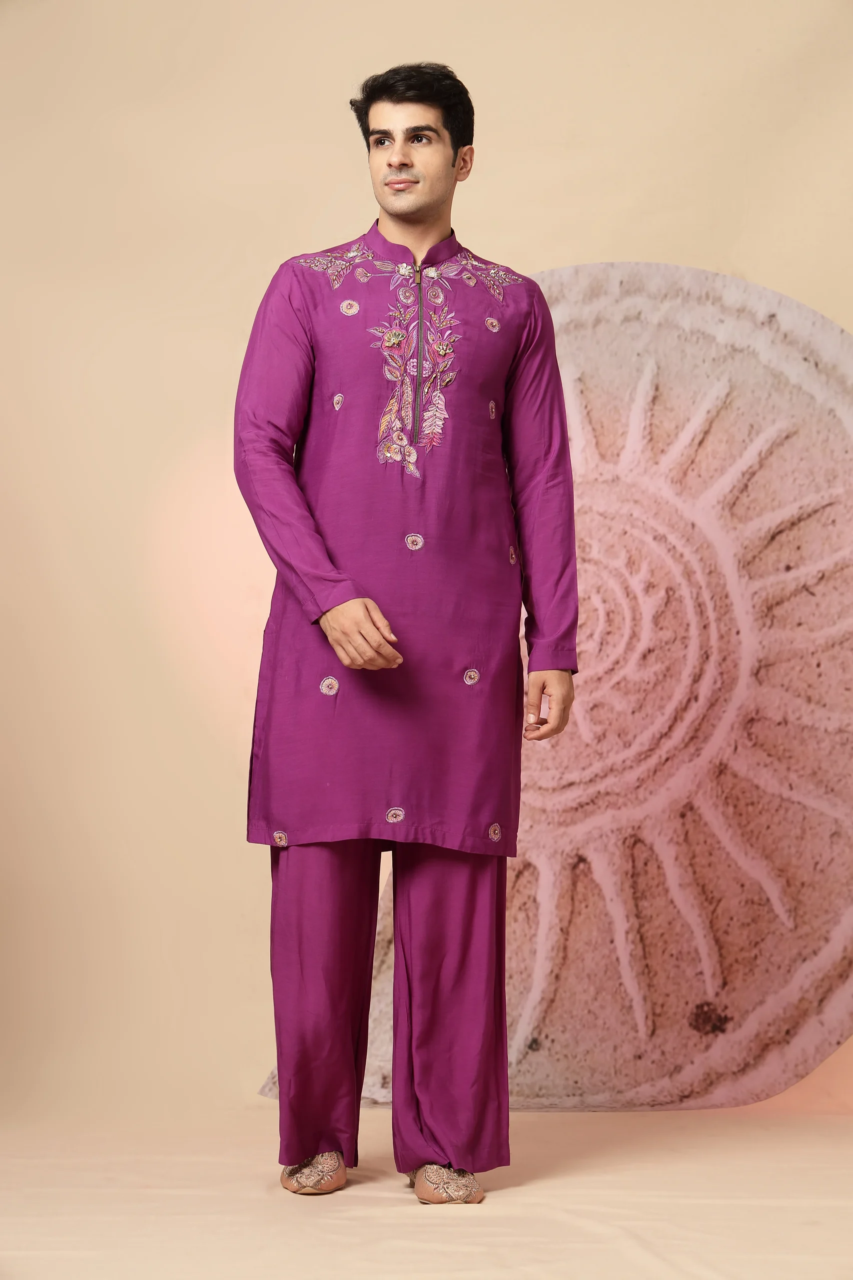 Purple Straight Cut Kurta Set with Mirror Work from Golden Muslin By Soniya G featuring mandarin collar and subtle festive detailing