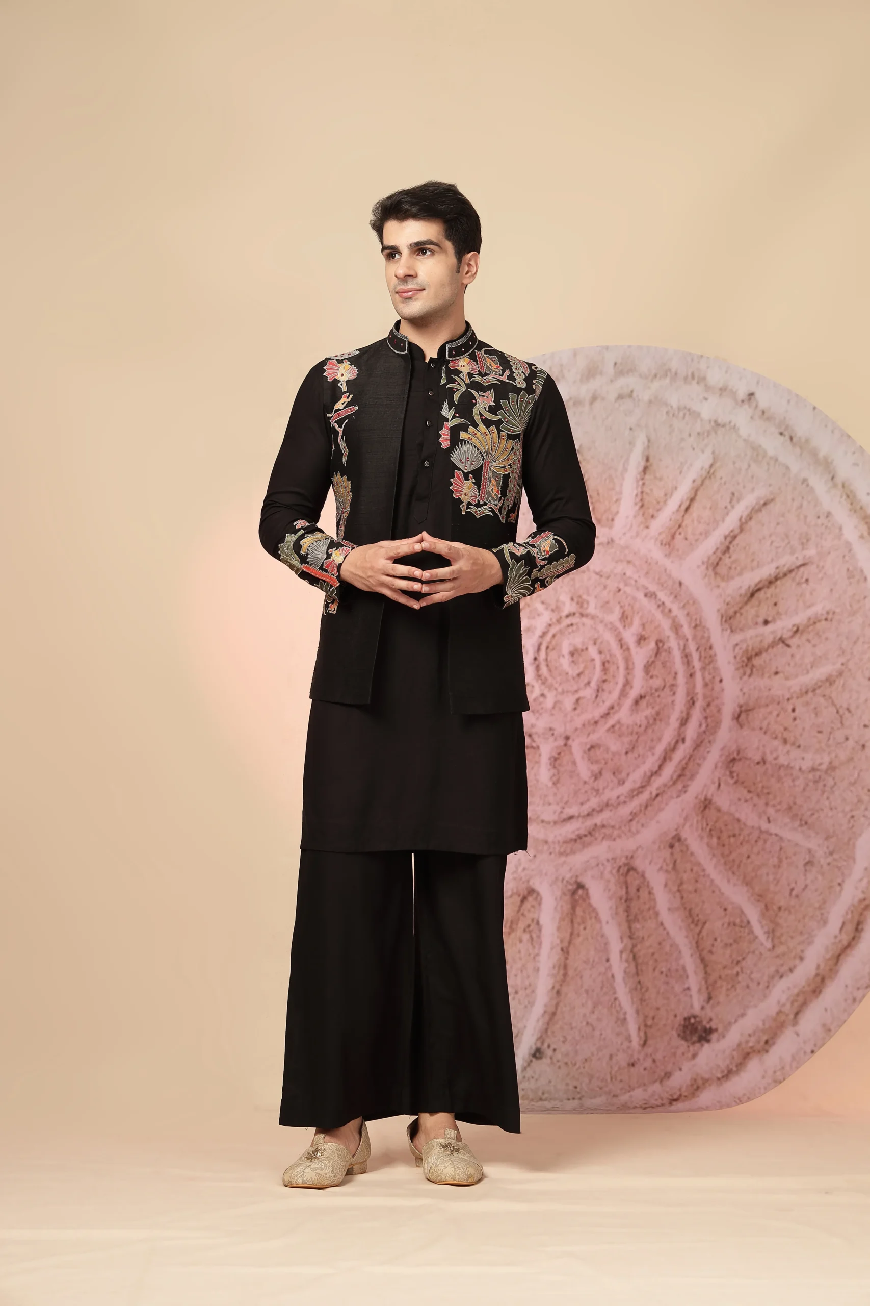 Black Indo Western kurta set with embroidered Nehru jacket from Golden Muslin By Soniya G