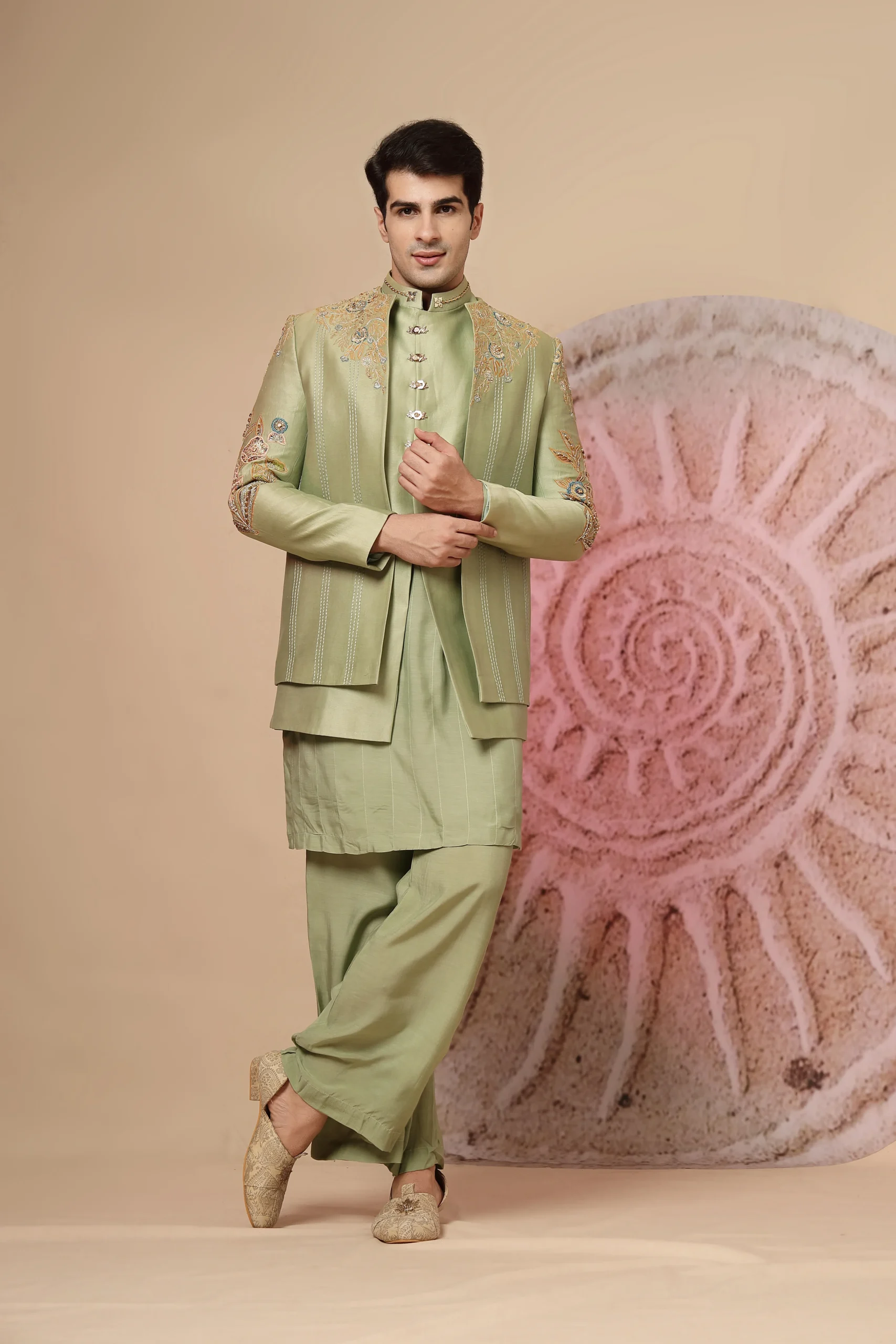 Sage green silk kurta set with high-neck Chinese collar and palazzo trousers from Golden Muslin By Soniya G