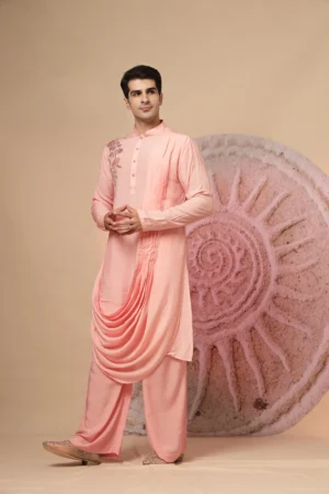 Peach pink cowl-style kurta set with coordinated bottoms from Golden Muslin By Soniya G