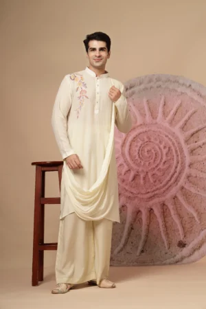 Ivory White Draped Cowl Kurta Set from Golden Muslin By Soniya G with subtle embroidery and fluid silhouette