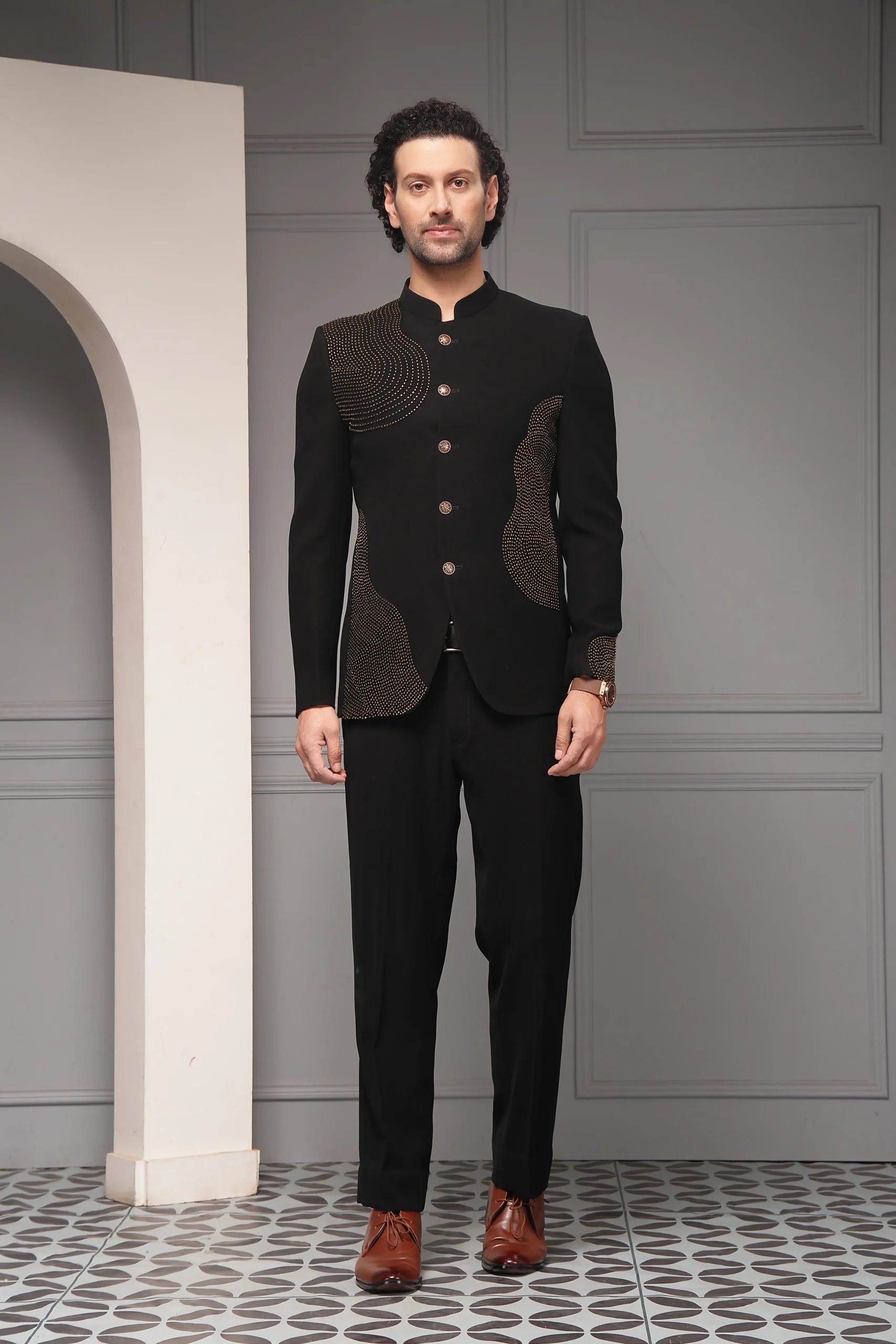 Contemporary black bandhgala set with tonal embellishments from Golden Muslin By Soniya G