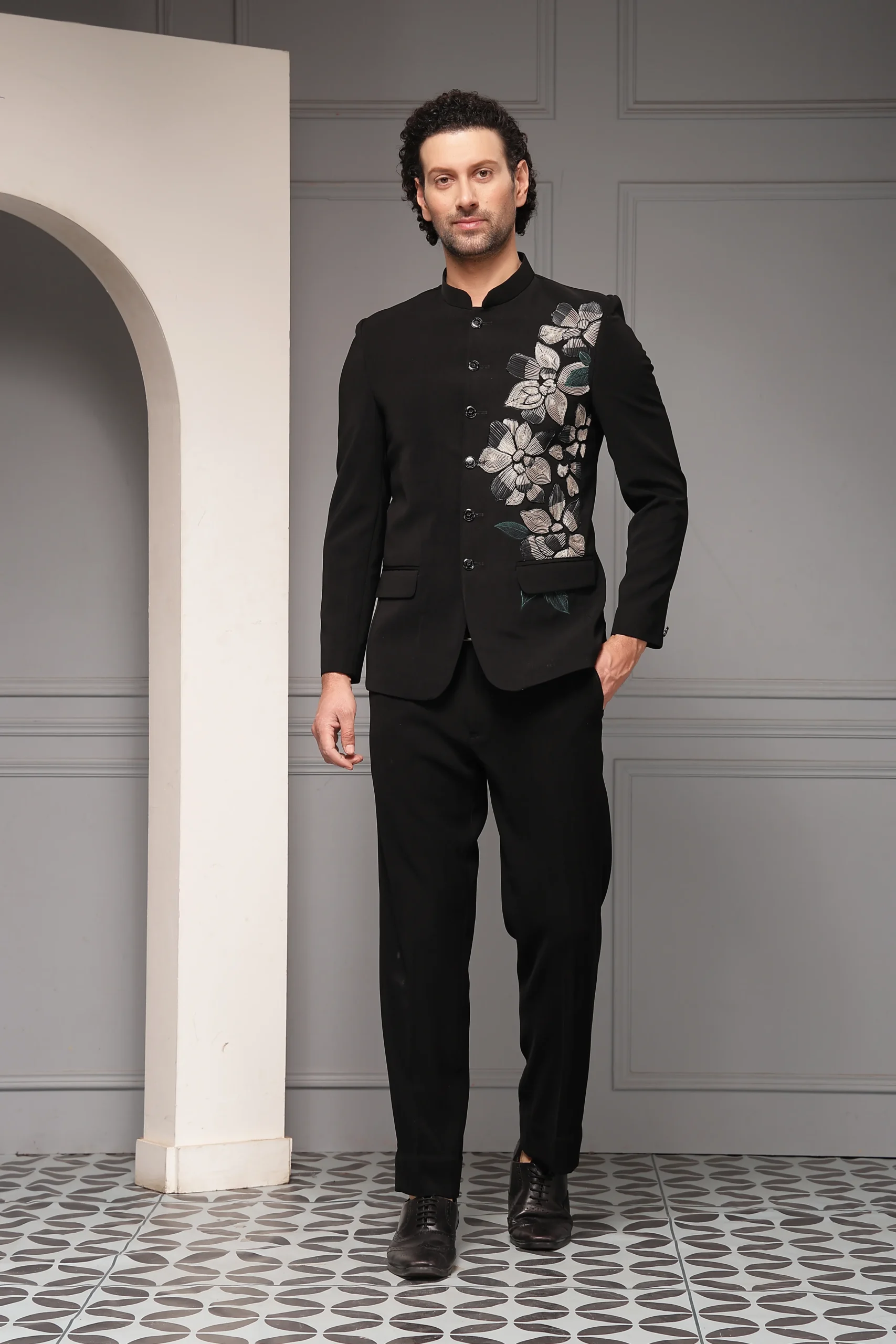 Classic black bandhgala set with monochrome floral embroidery from Golden Muslin By Soniya G