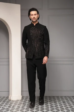 Refined black bandhgala set with metallic floral embroidery from Golden Muslin By Soniya G