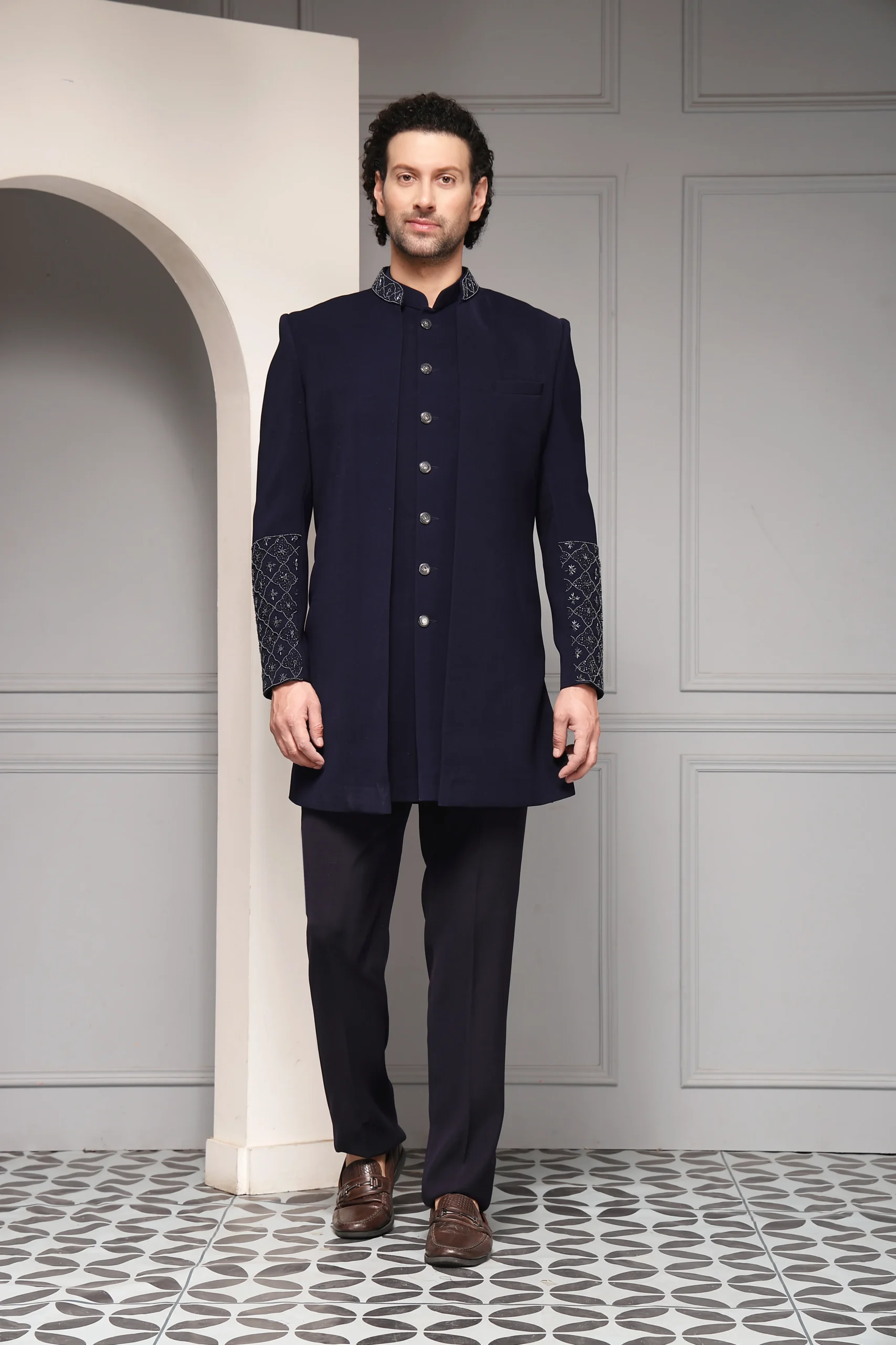 Midnight blue embroidered bandhgala jacket with stole and tailored trousers from Golden Muslin By Soniya G