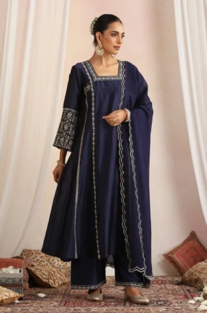 Sophisticated navy blue ethnic kurta set with dupatta from Golden Muslin By Suikala
