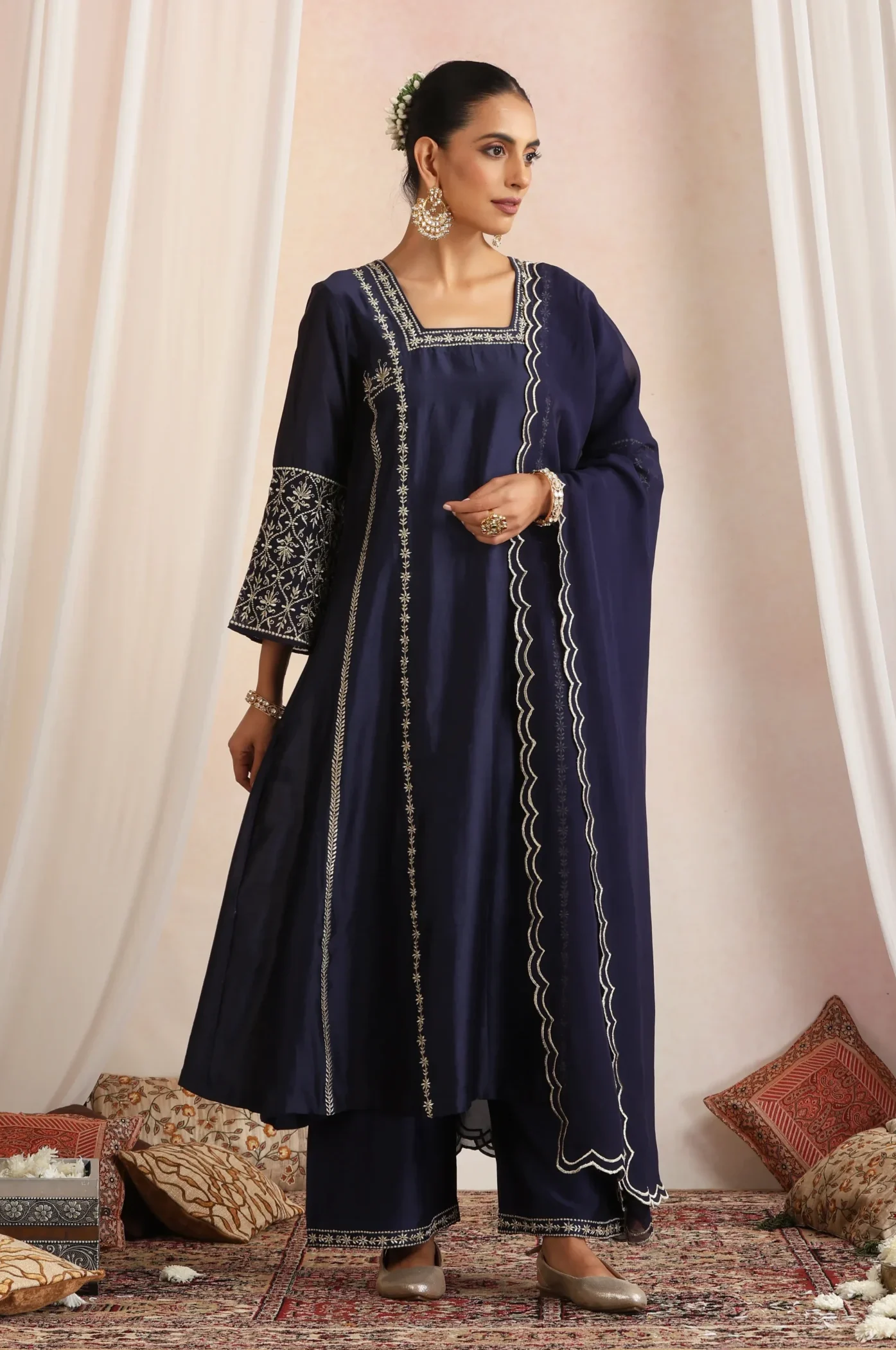 Sophisticated navy blue ethnic kurta set with dupatta from Golden Muslin By Suikala