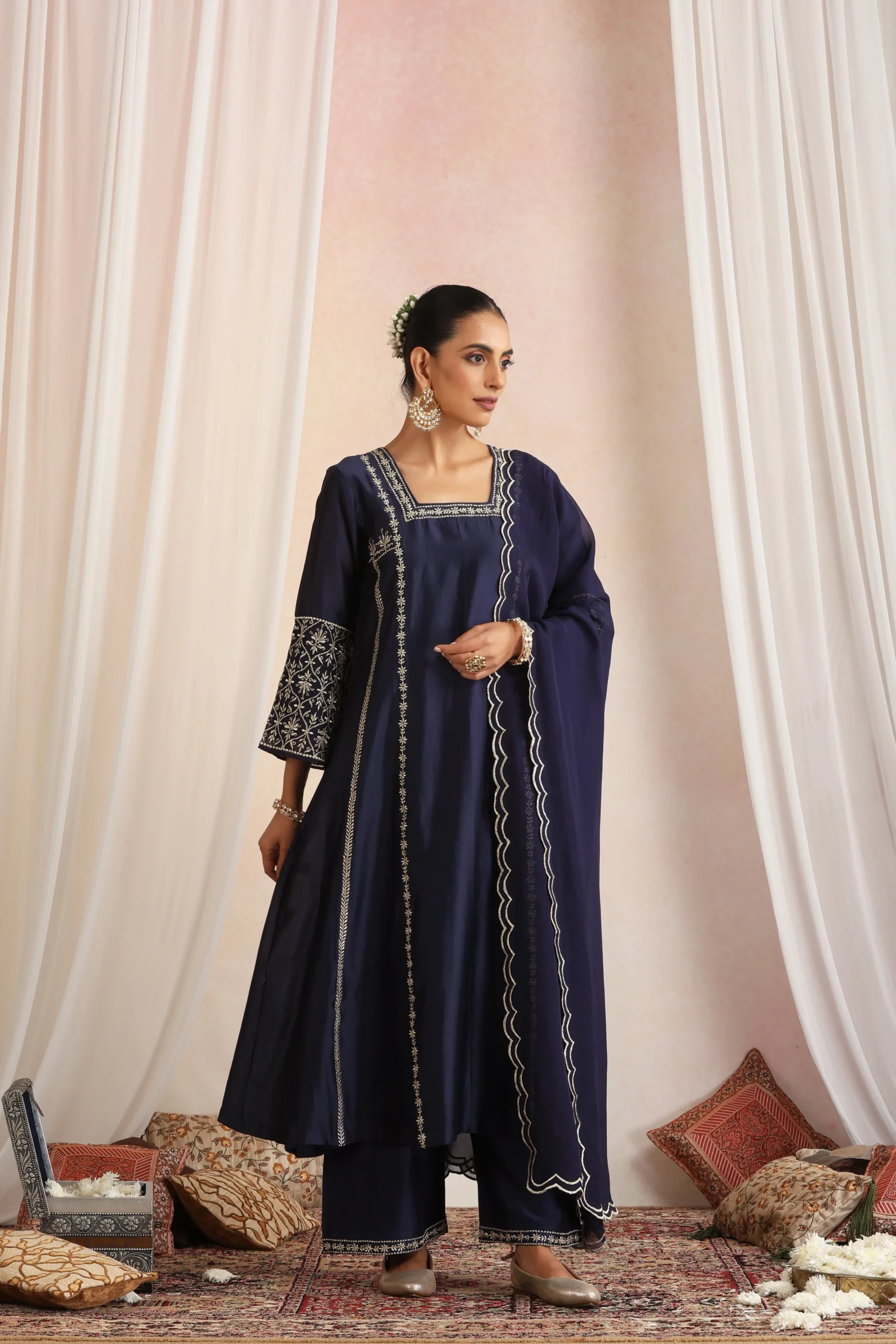 Sophisticated navy blue ethnic kurta set with dupatta from Golden Muslin By Suikala