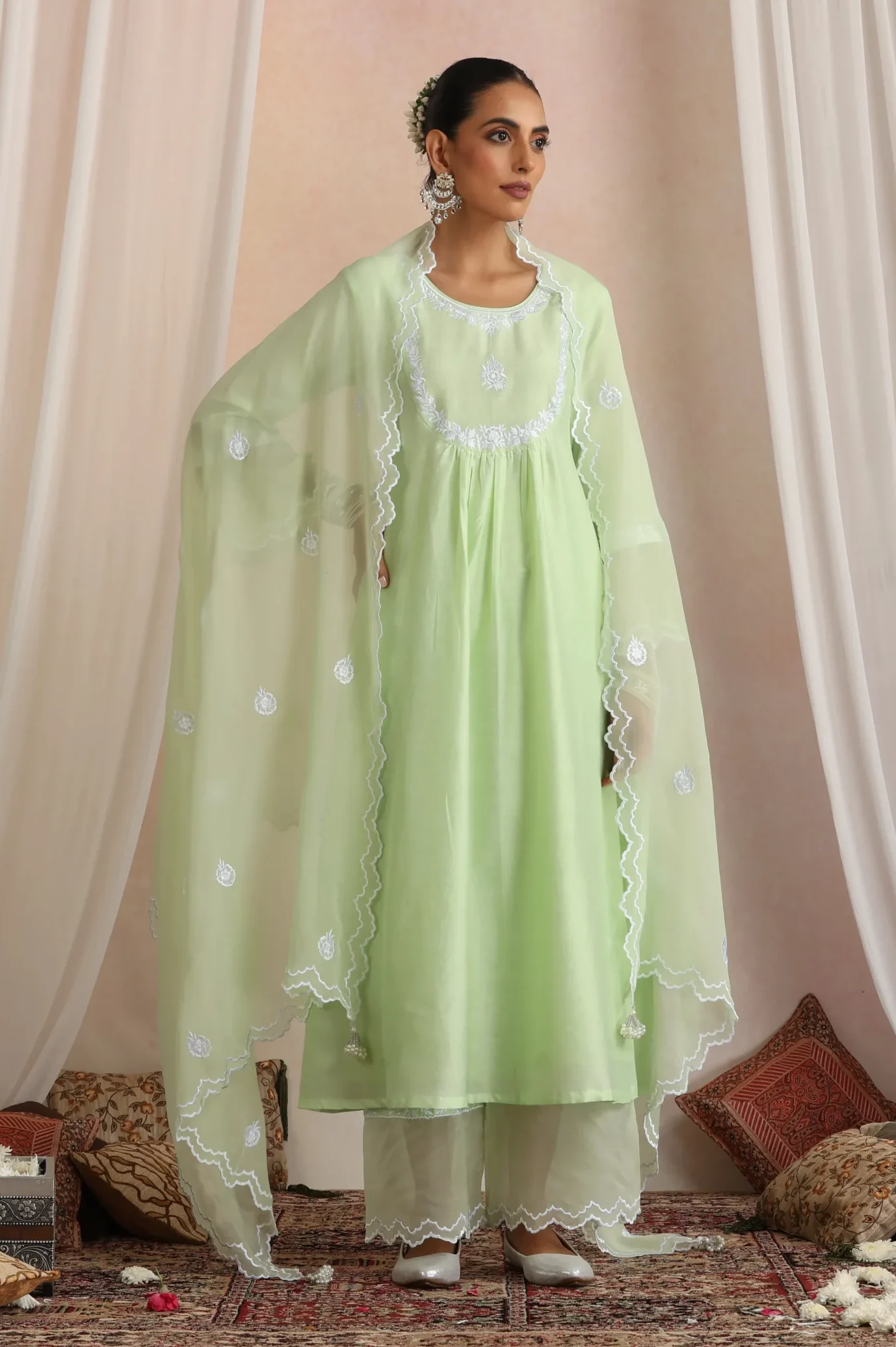 Refreshing mint green layered ethnic kurta set with dupatta from Golden Muslin By Suikala