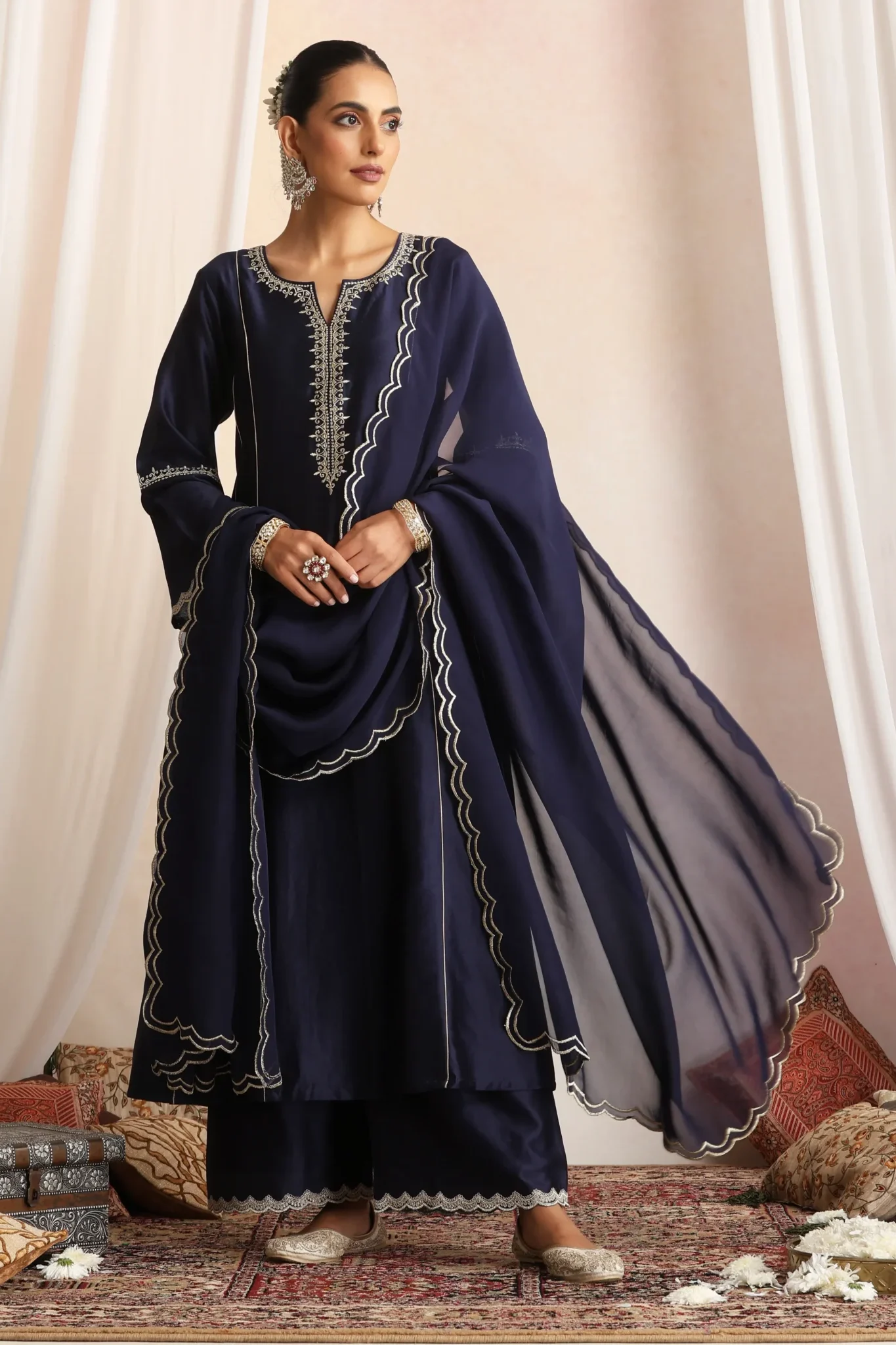 Elegant navy blue flowy ethnic kurta set with dupatta from Golden Muslin By Suikala