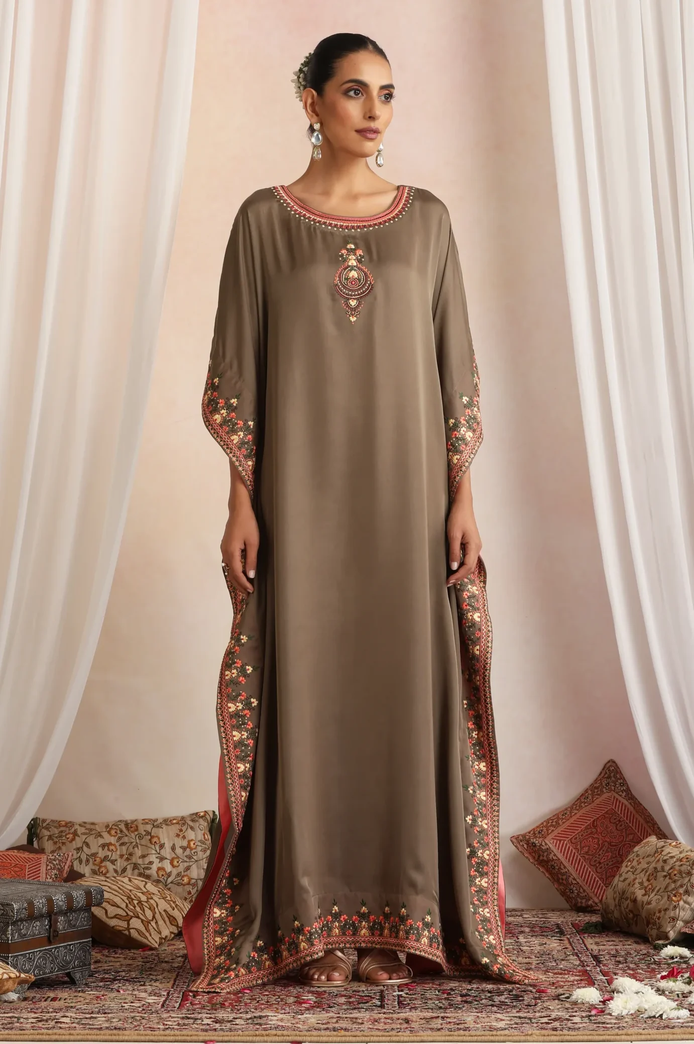 Olive taupe embroidered ethnic kaftan set with scalloped border from Golden Muslin By Suikala