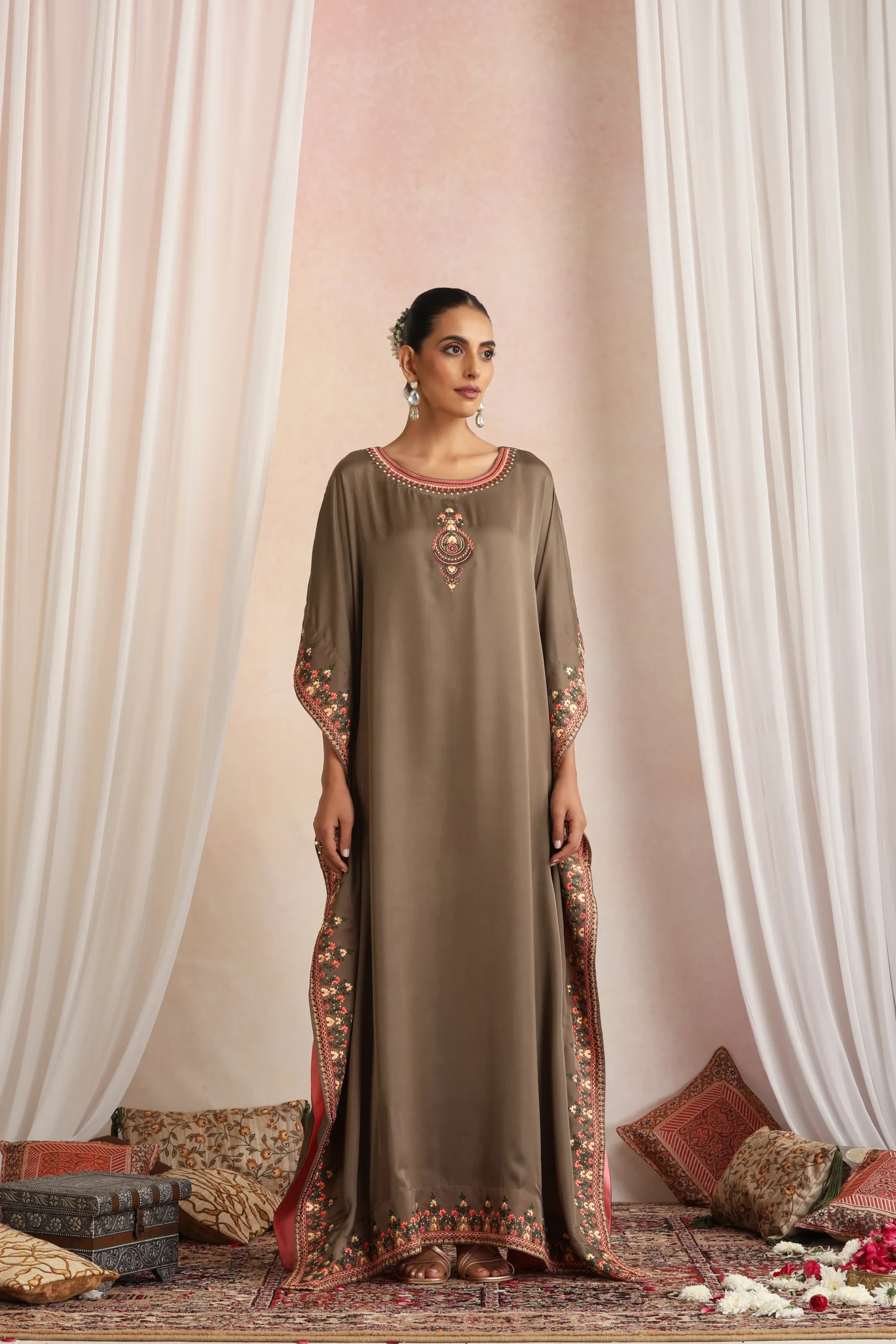Olive taupe embroidered ethnic kaftan set with scalloped border from Golden Muslin By Suikala