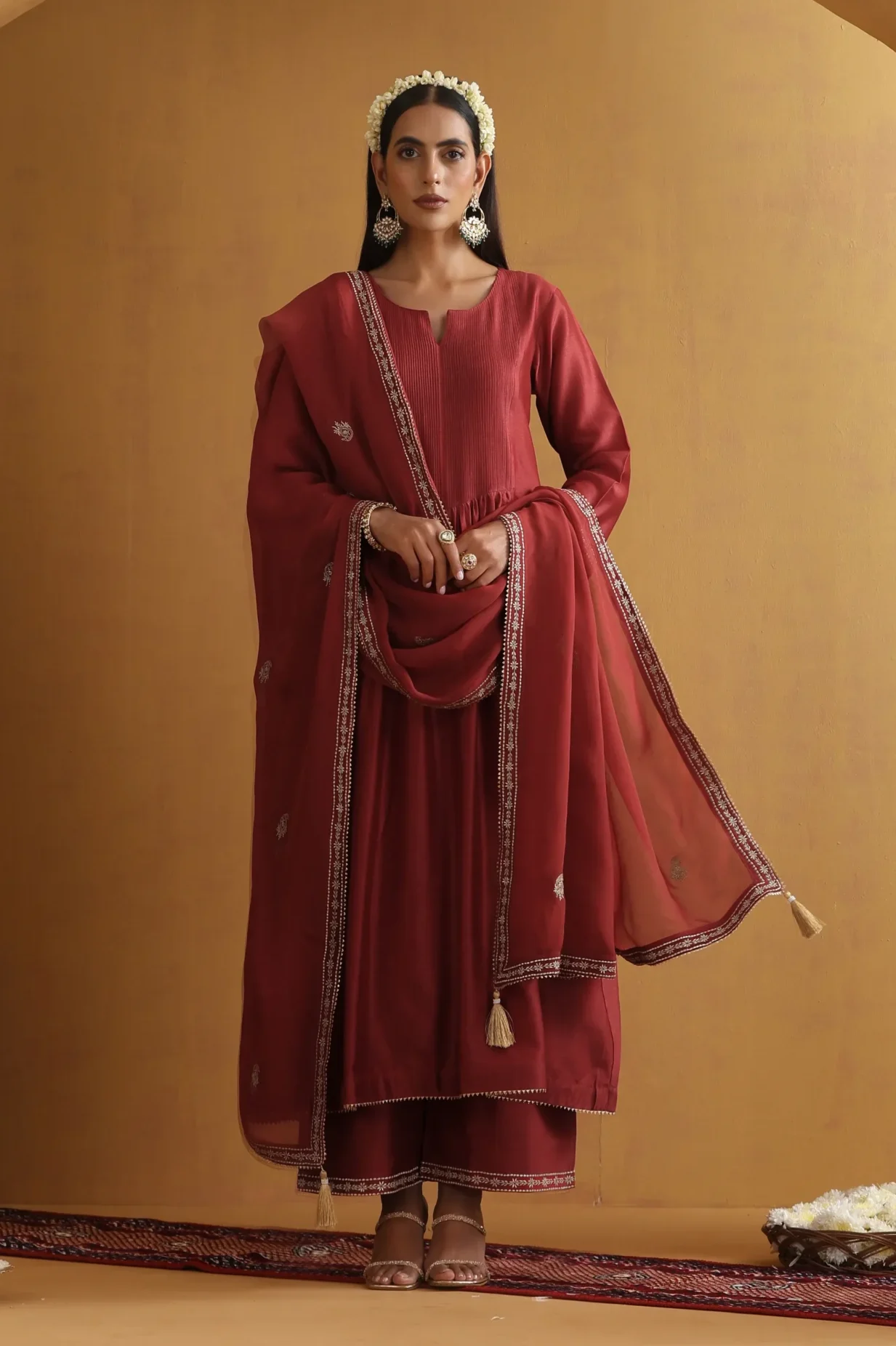 Elegant rust embroidered ethnic suit set with dupatta from Golden Muslin By Suikala