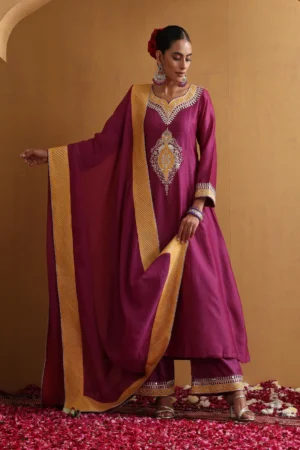 Elegant wine embroidered kurta set with dupatta from Golden Muslin By Suikala