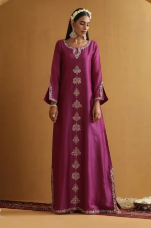 Elegant wine embroidered floor length kaftan from Golden Muslin By Suikala