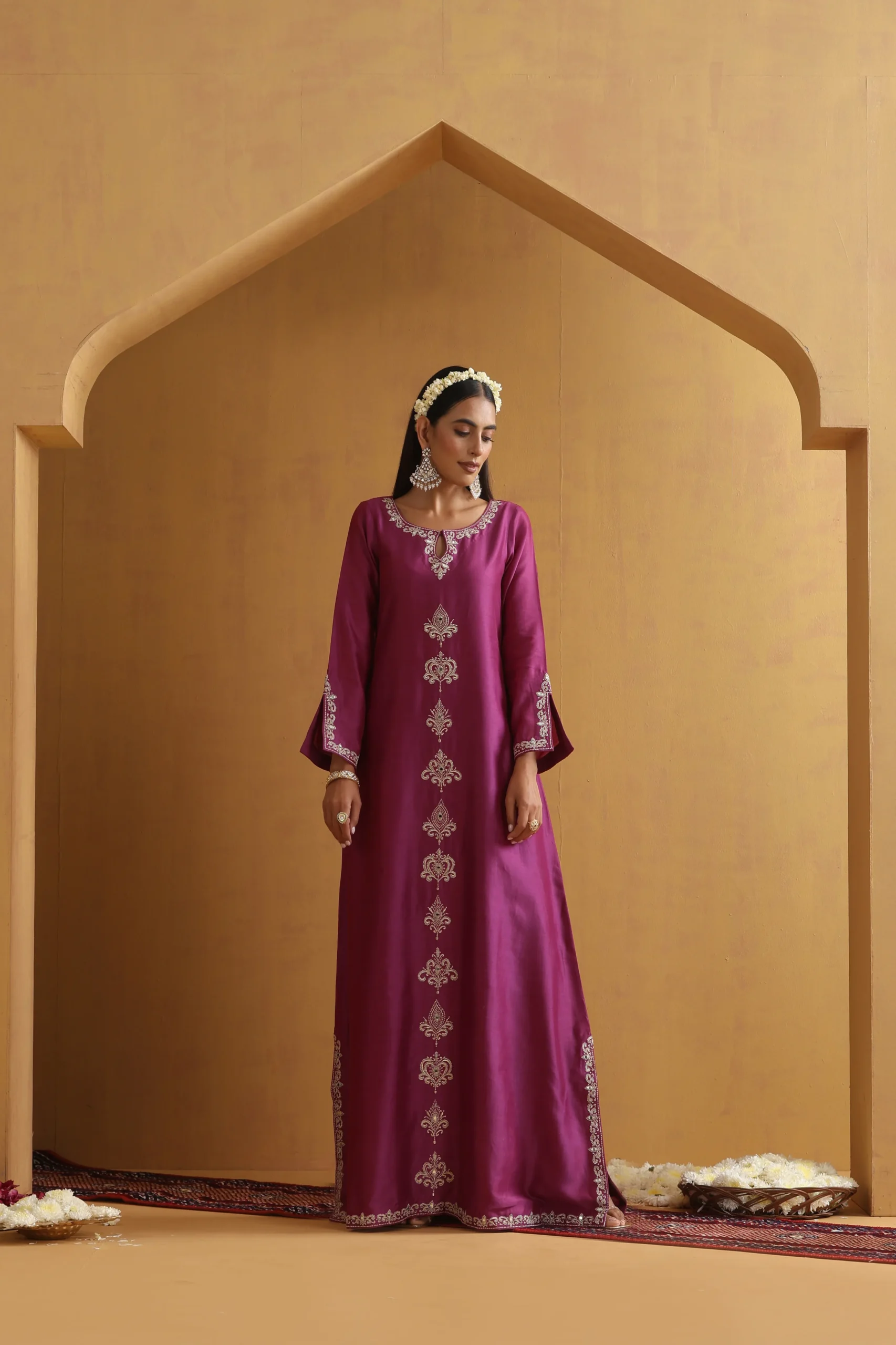 Elegant wine embroidered floor length kaftan from Golden Muslin By Suikala