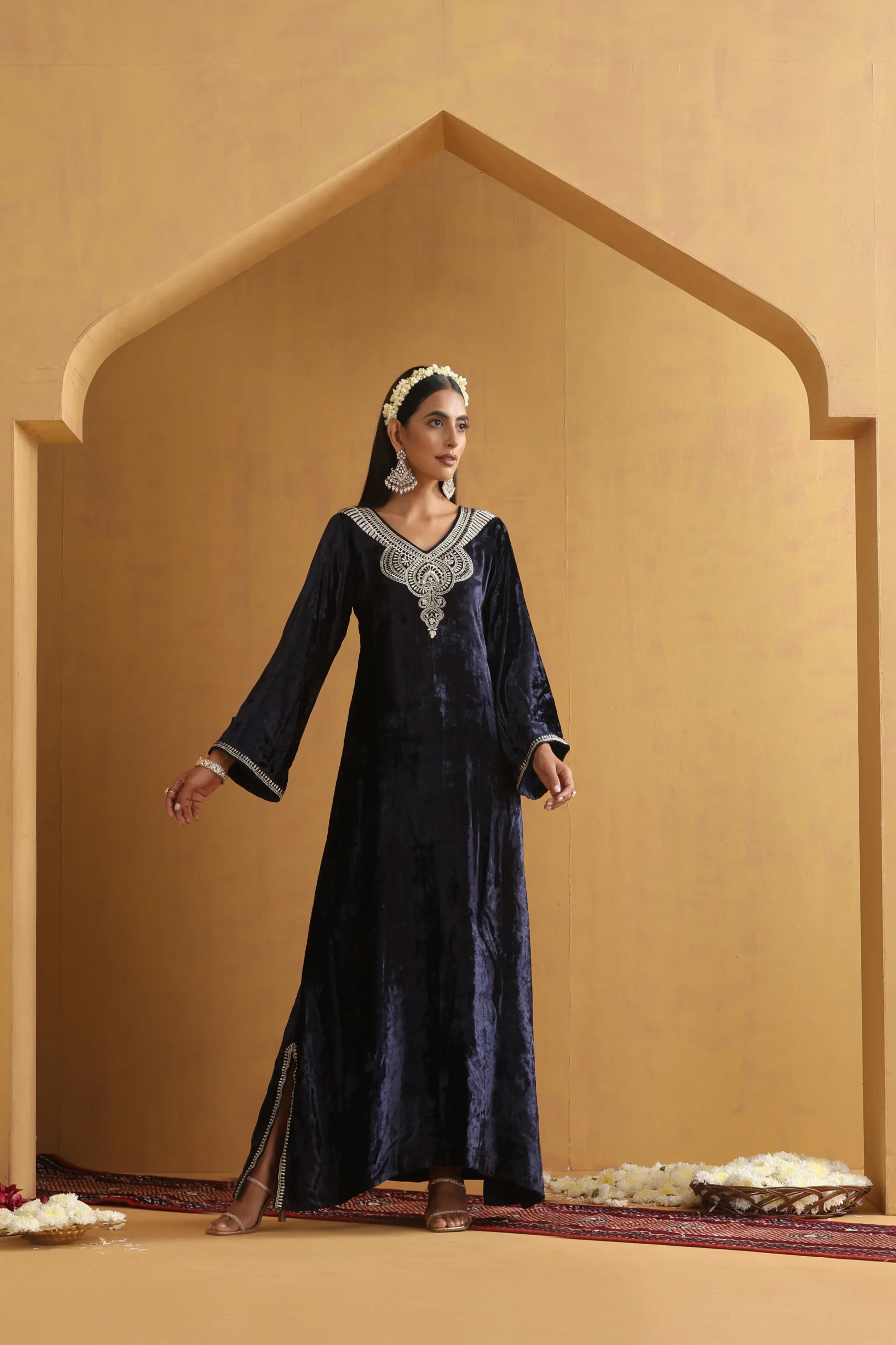 Sophisticated navy blue embroidered ethnic kaftan with V neck from Golden Muslin By Suikala