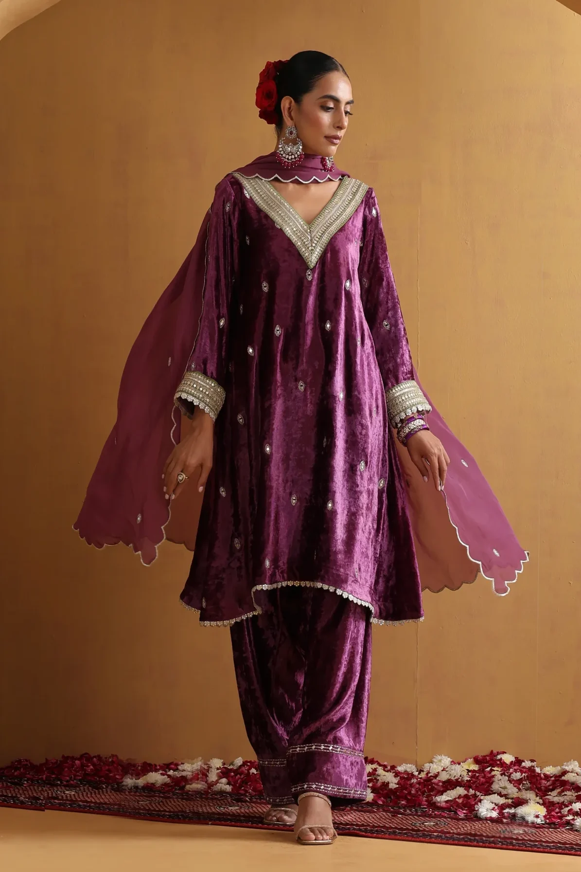 Luxurious purple velvet embroidered kurta set with dupatta from Golden Muslin By Suikala