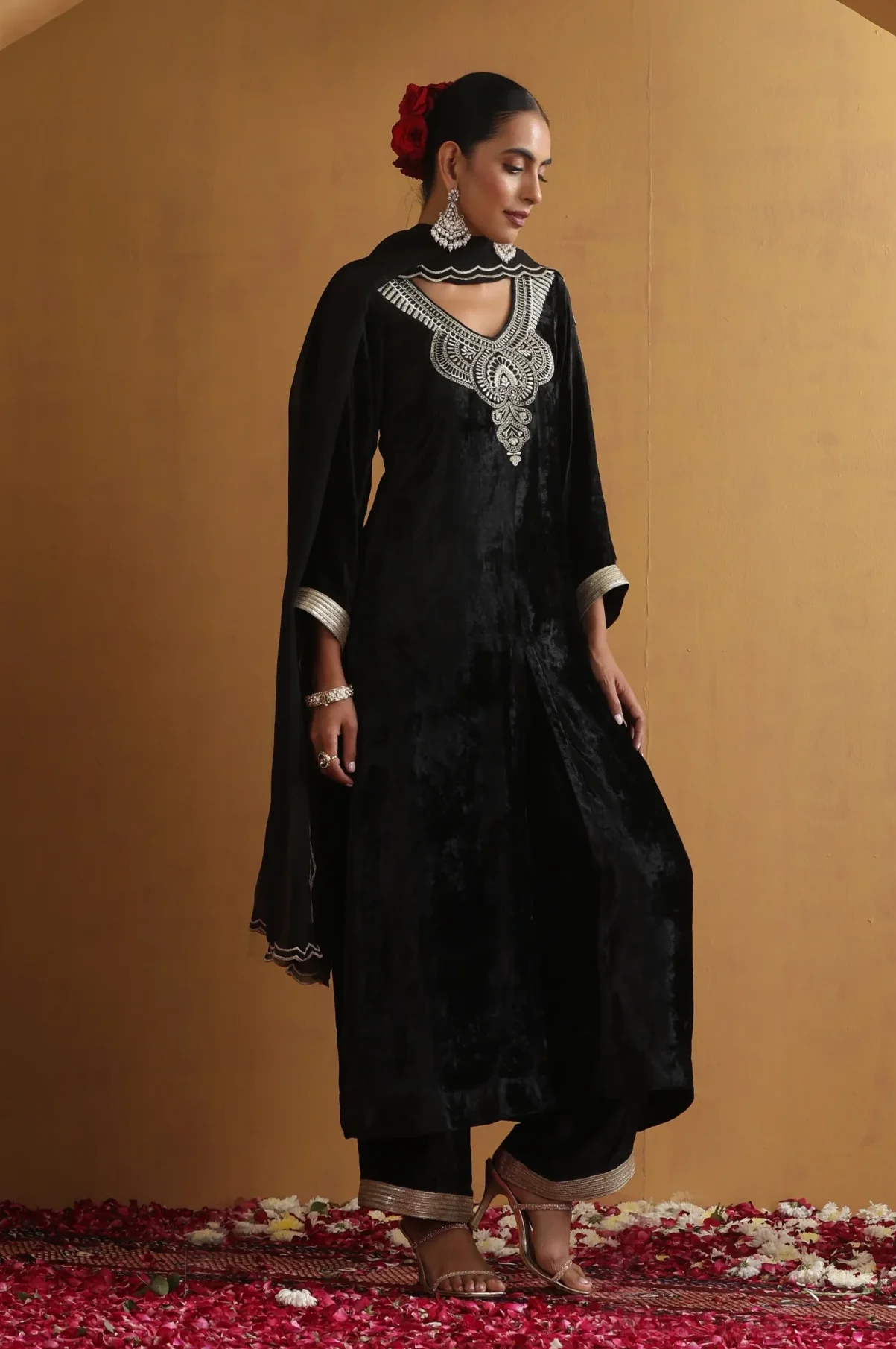 Elegant black embellished cape style ethnic ensemble from Golden Muslin By Suikala