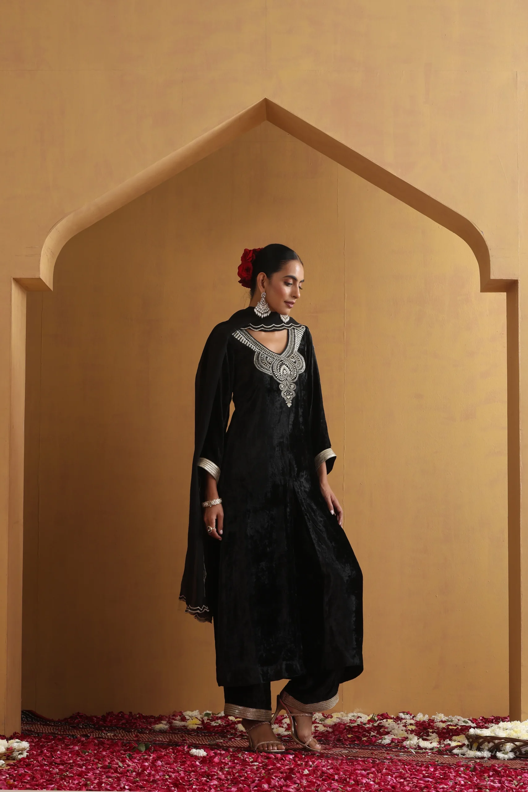 Elegant black embellished cape style ethnic ensemble from Golden Muslin By Suikala