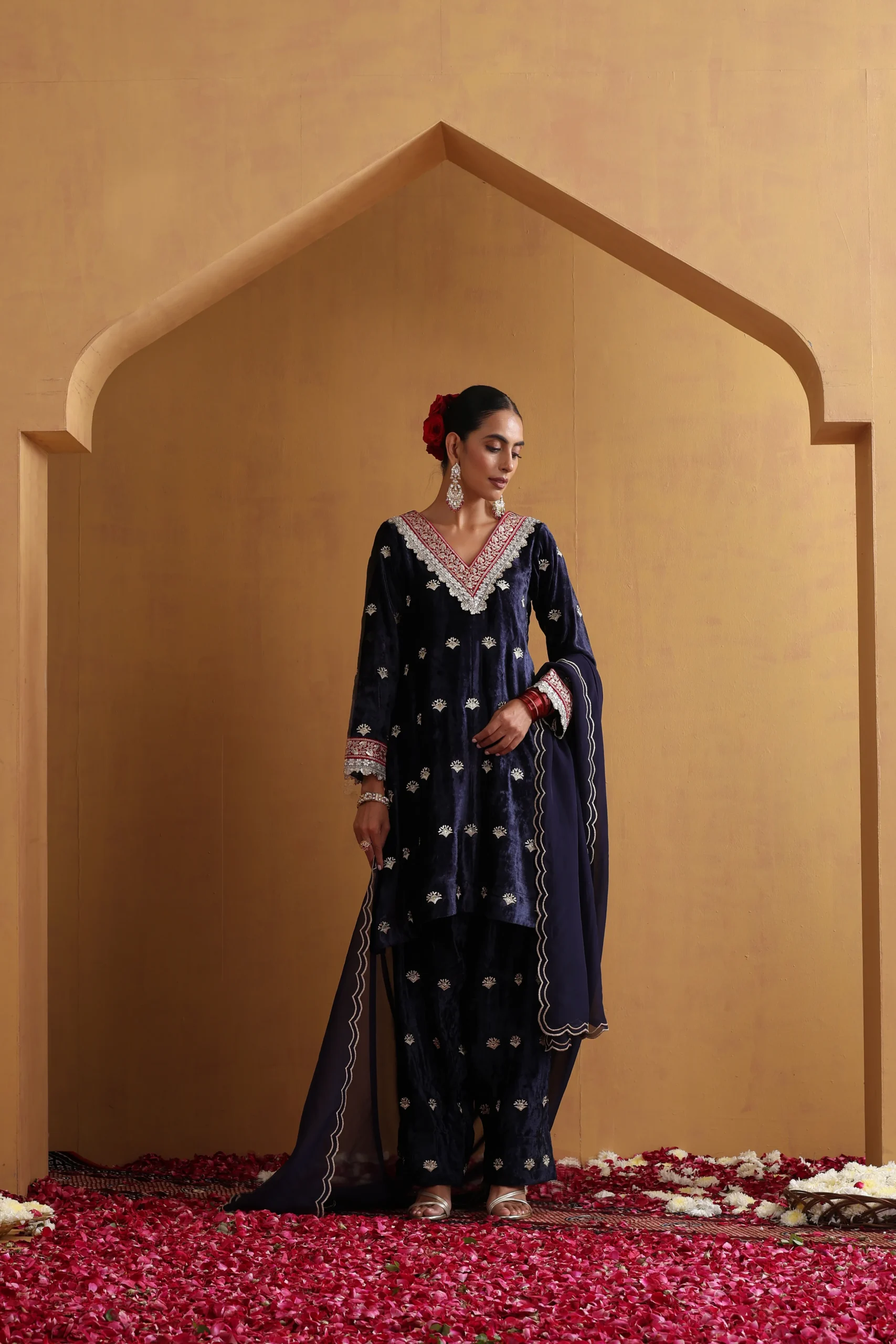 Sophisticated navy blue embroidered ethnic suit set with dupatta from Golden Muslin By Suikala