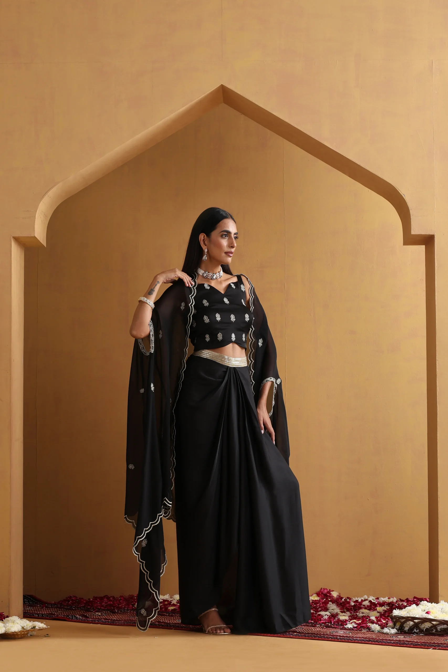 Stunning black embellished skirt set with sheer dupatta from Golden Muslin By Suikala