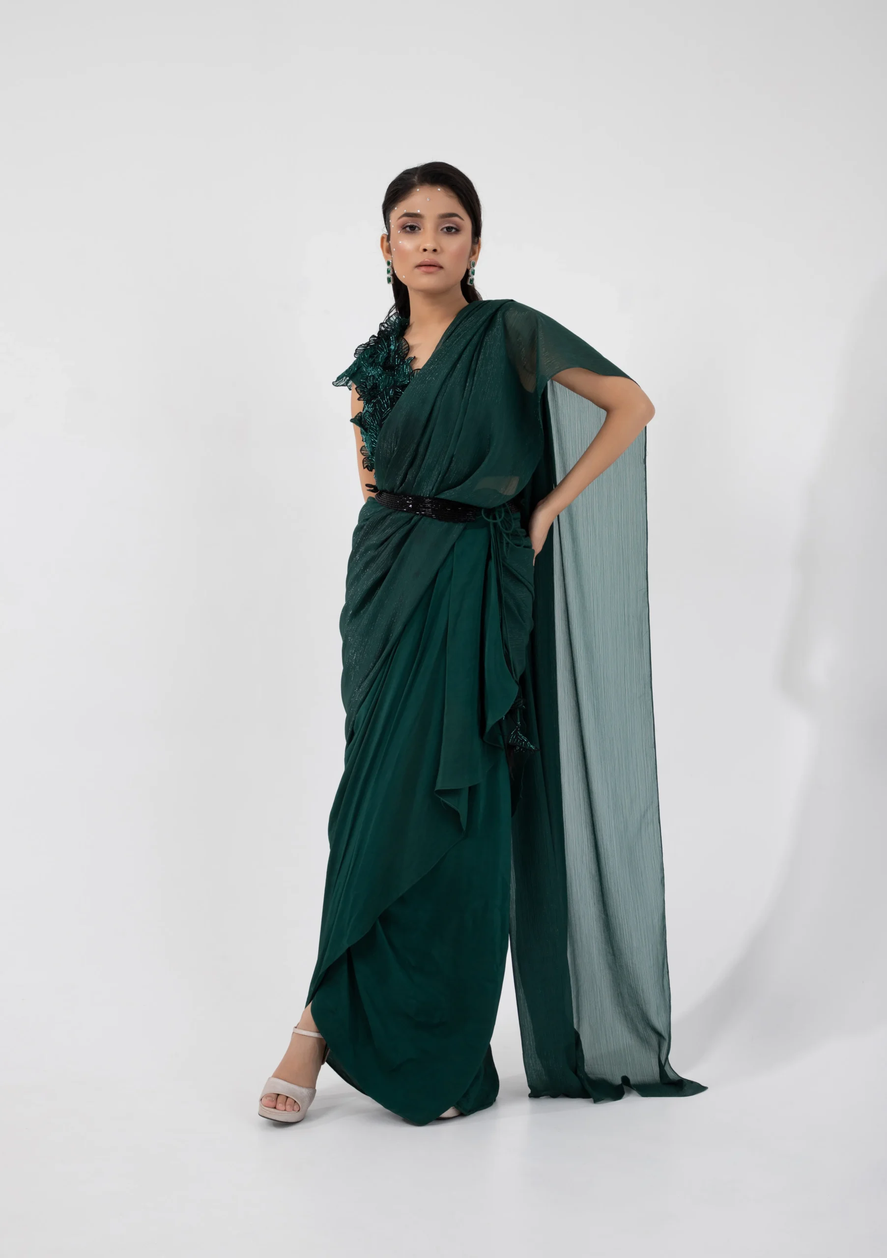 Emerald Green Pre Draped Chinon Saree with 3D Floral Blouse and Embellished Belt from Golden Muslin By Anuj Agarwal