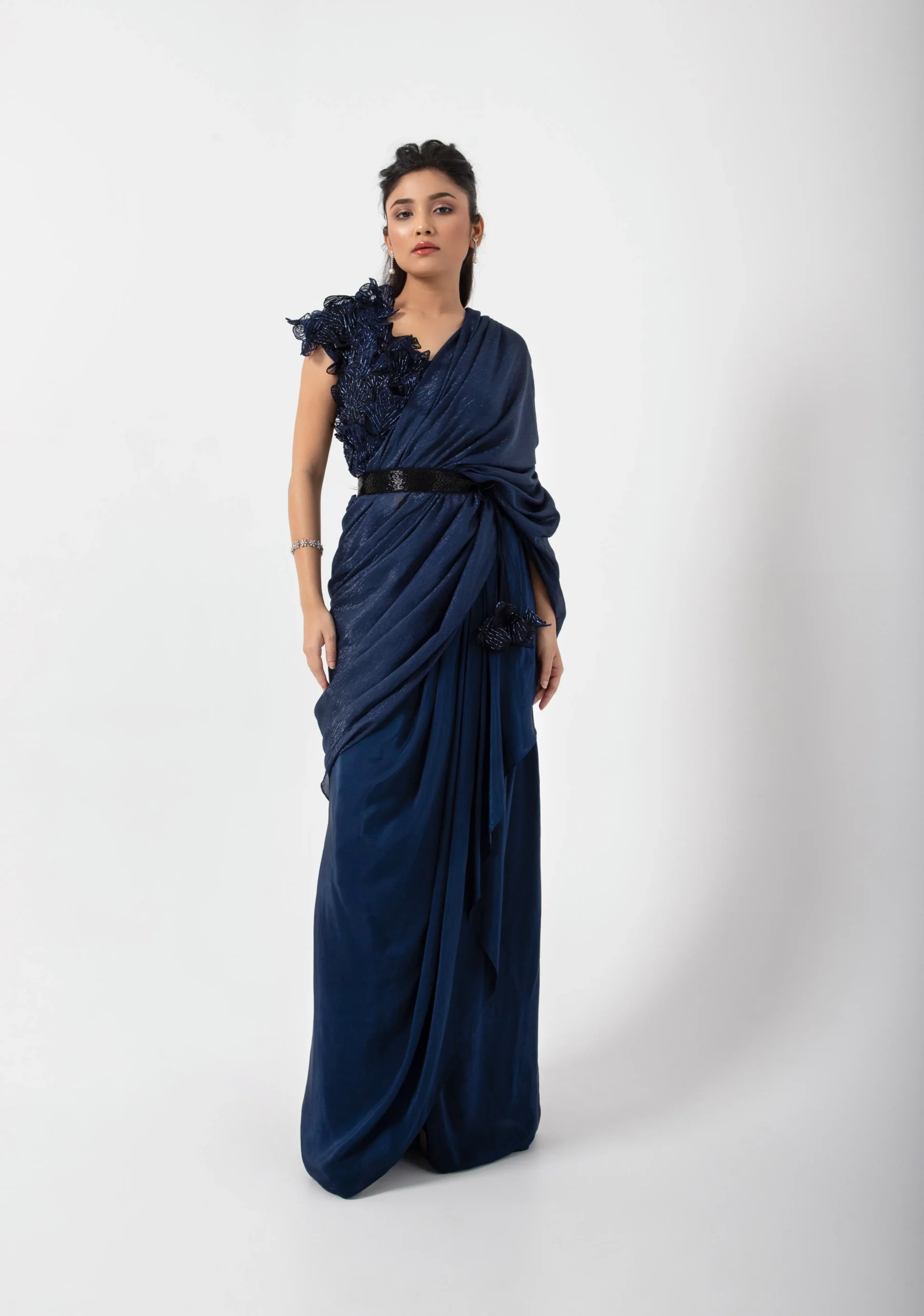 Navy Blue Pre Draped Chinon Saree with 3D Floral Blouse and Embellished Belt from Golden Muslin By Anuj Agarwal