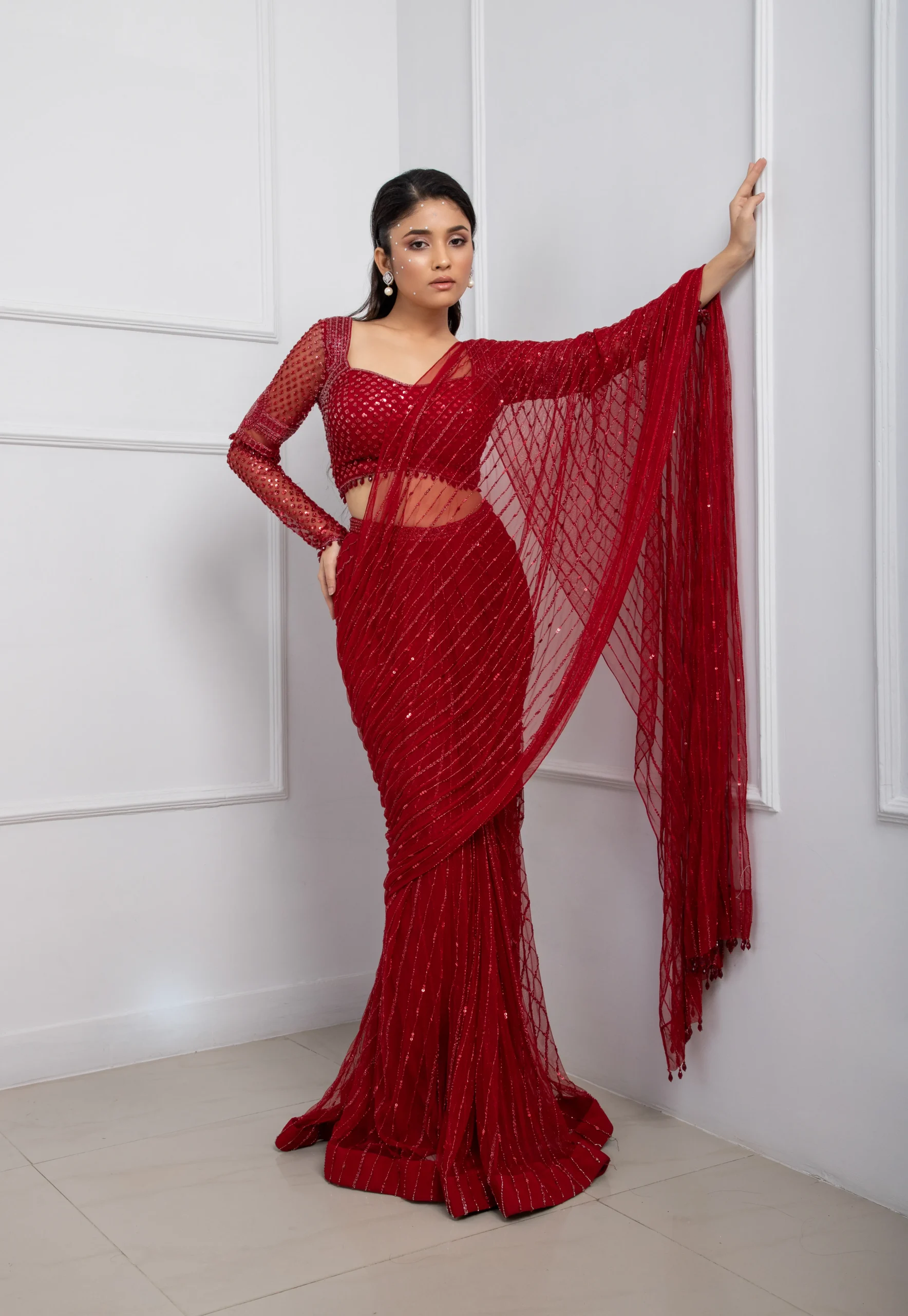 Red Crepe Net Embellished Draped Saree Set with Full Sleeve Blouse from Golden Muslin By Anuj Agarwal