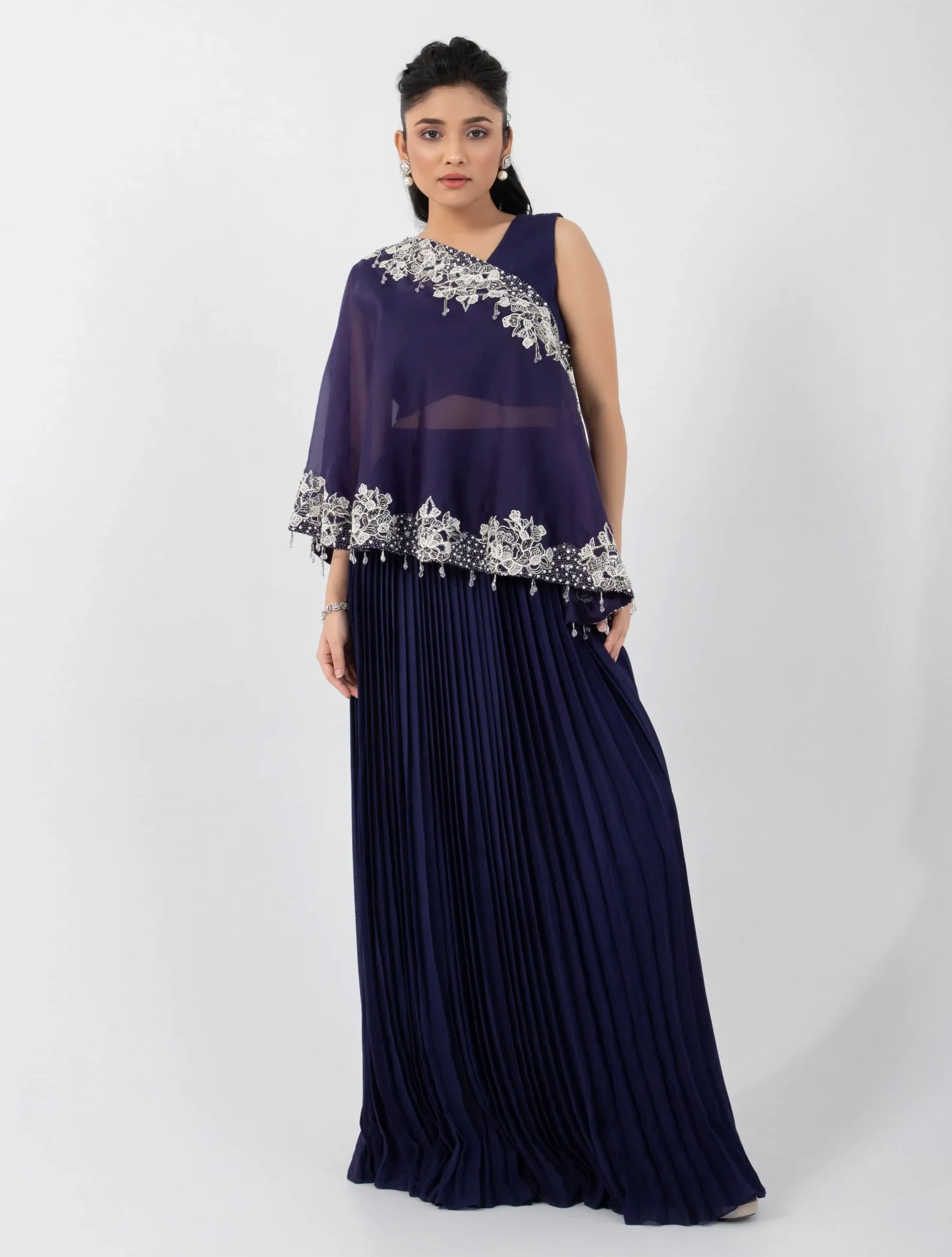 Navy Blue One Shoulder Cape Set with Embroidered Organza Cape from Golden Muslin By Anuj Agarwal