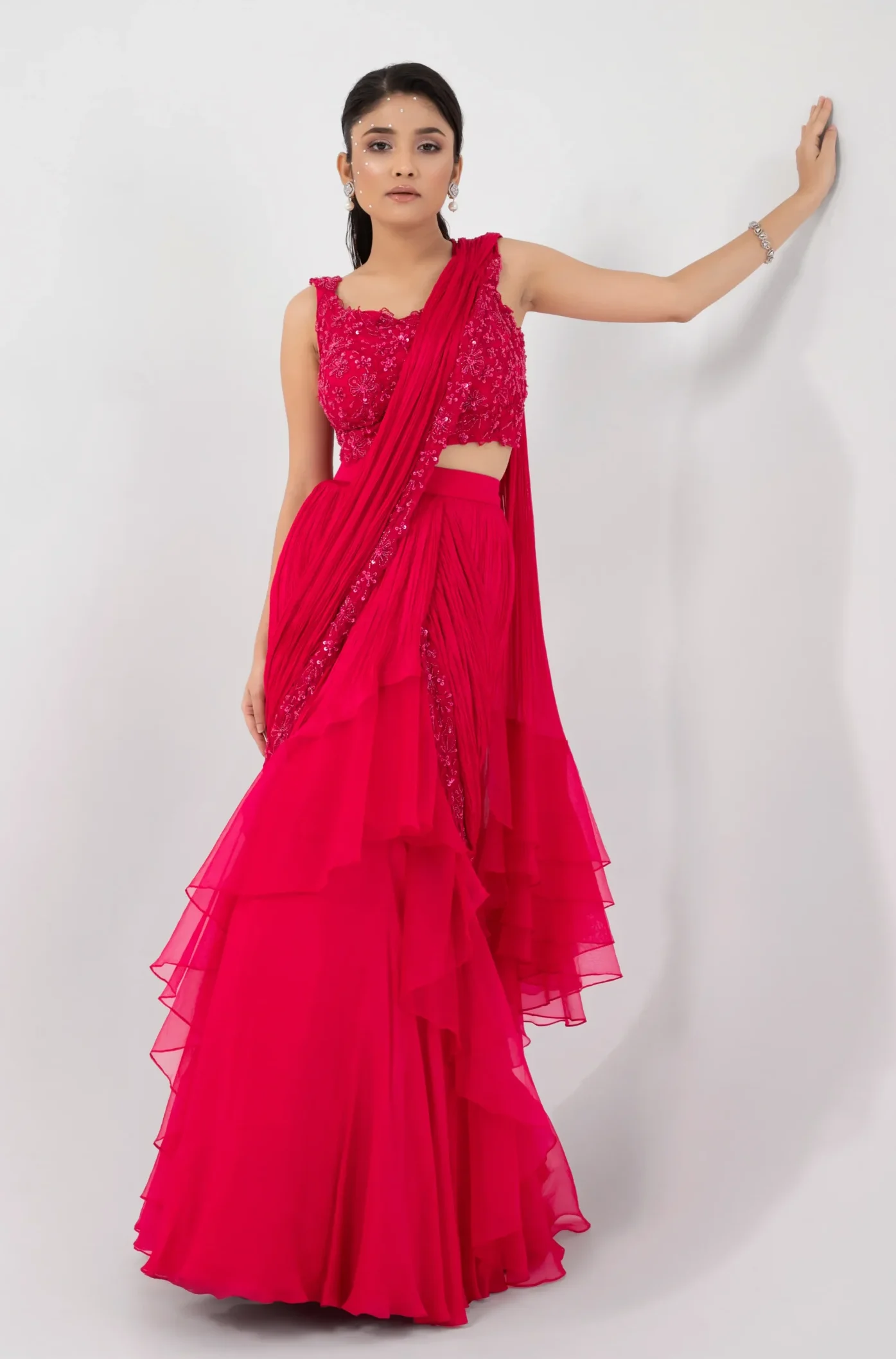 Fuchsia Pink Pre Draped Saree Set with Floral Embroidered Blouse from Golden Muslin By Anuj Agarwal