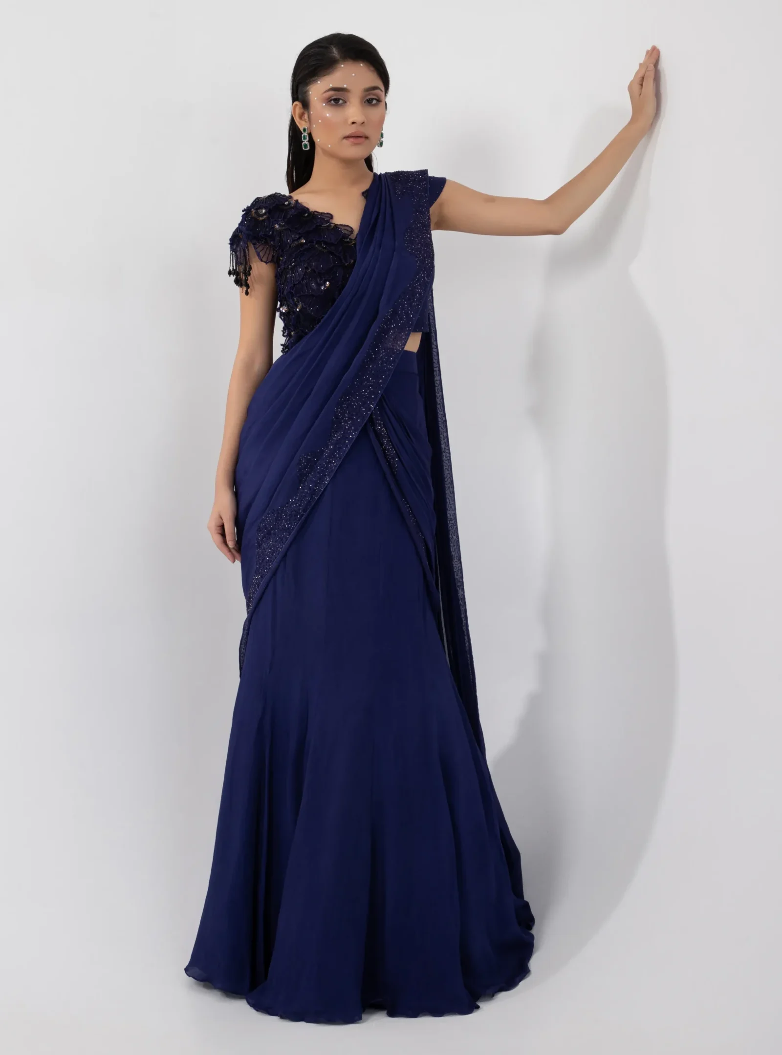Navy Blue Drape Saree Set with 3D Floral Applique Blouse and Tassels from Golden Muslin By Anuj Agarwal