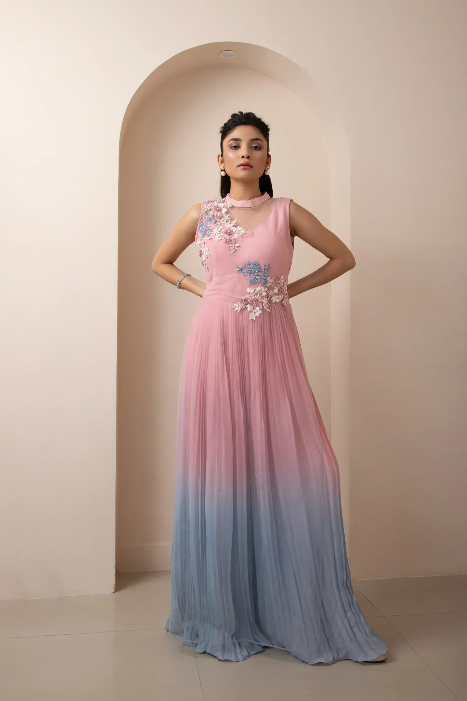 Ombre Wide Leg Jumpsuit with 3D Floral Applique and Pleated Detailing from Golden Muslin By Anuj Agarwal