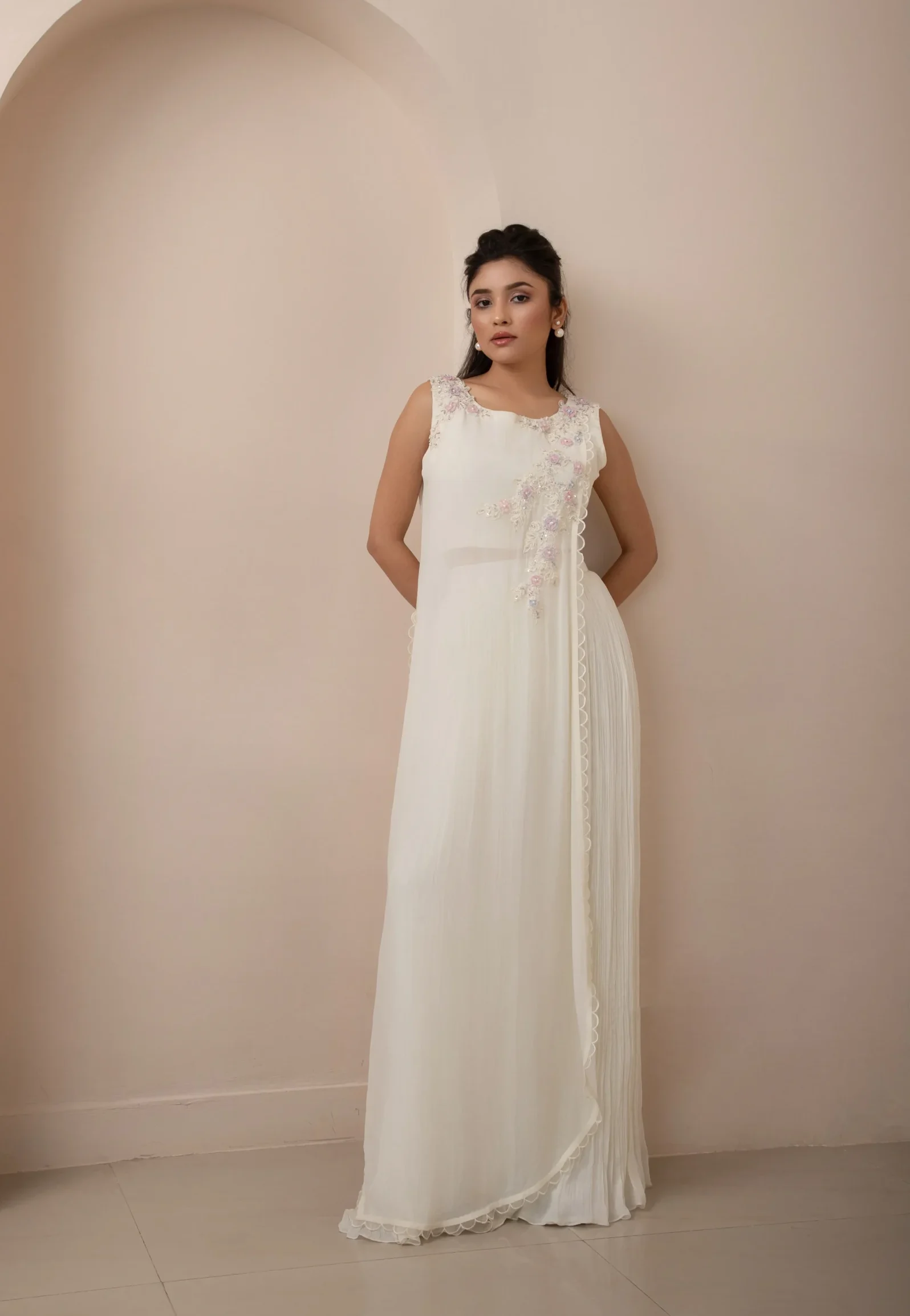 Ivory Indo Western Pant Set with Floral Applique Sheer Drape and Pleated Pants from Golden Muslin By Anuj Agarwal