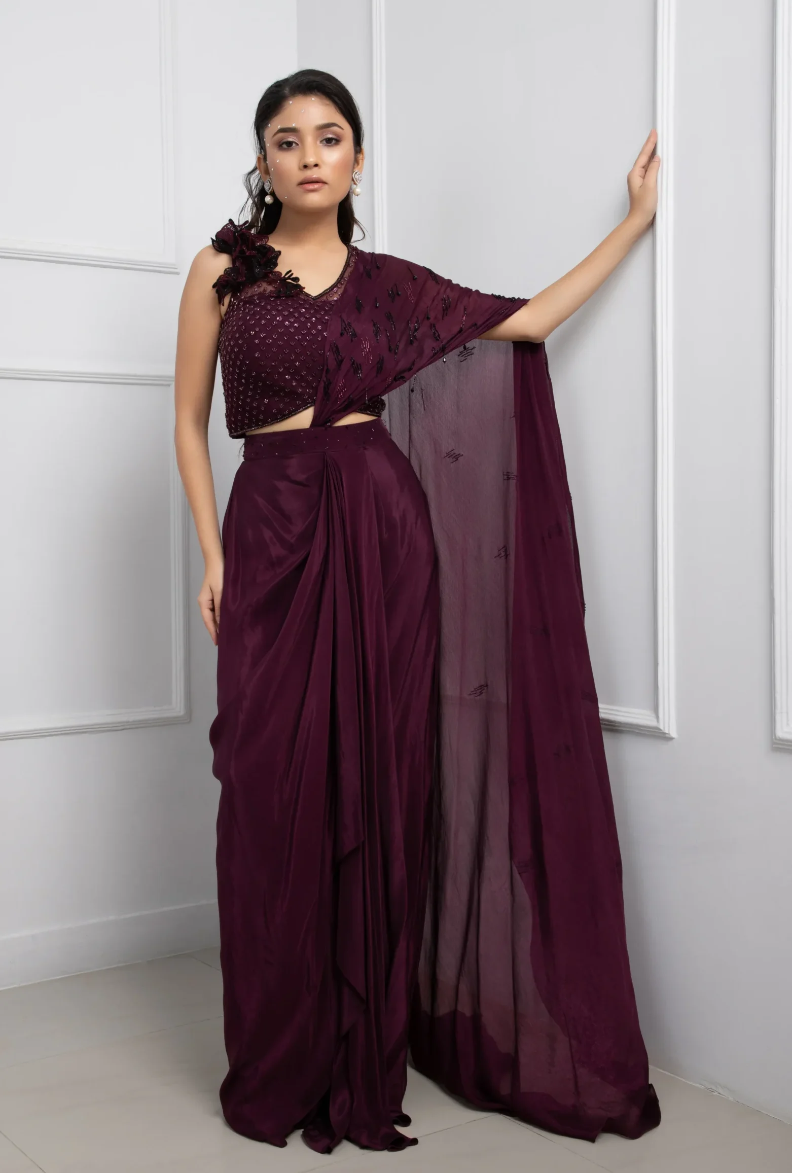 Purple Pre Draped Saree with Black Bead Sequin Work and 3D Floral Blouse from Golden Muslin By Anuj Agarwal