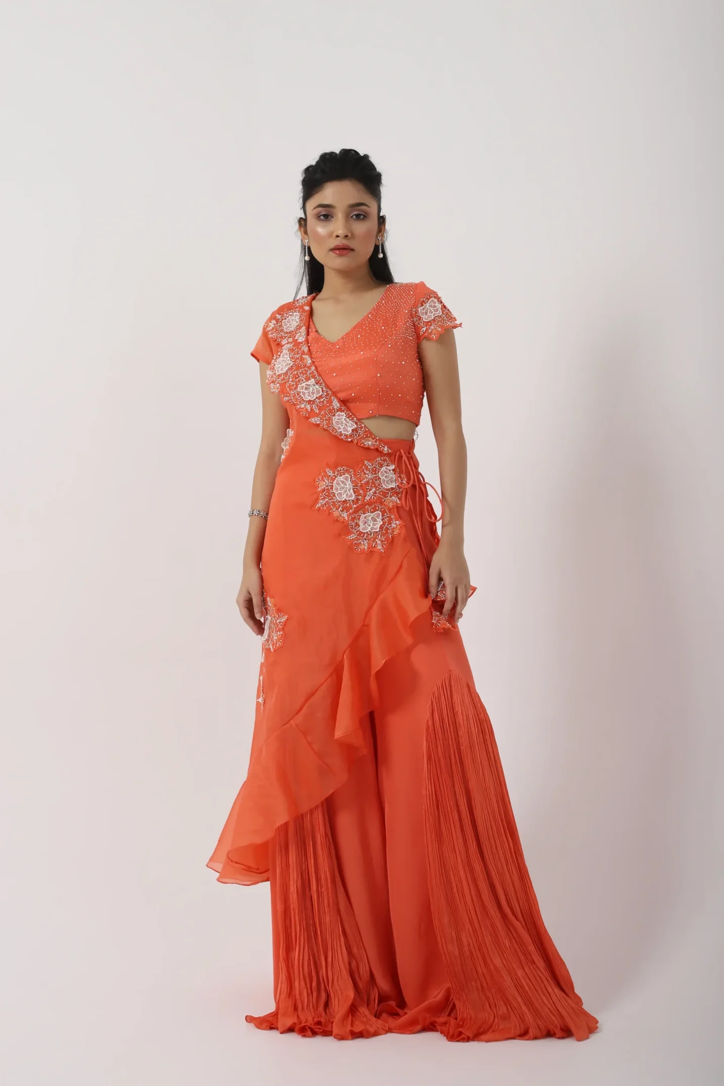 Orange Sharara Set with Ruffled Drape and Floral Applique from Golden Muslin By Anuj Agarwal